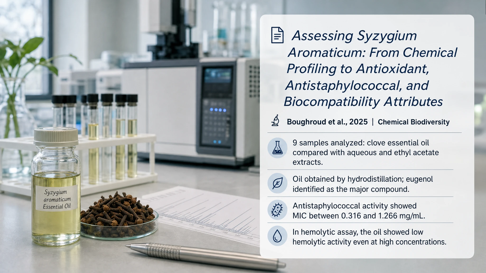 Recent research and updates: Assessing Syzygium Aromaticum: From Chemical Profiling to Antioxidant, Antistaphylococcal, and Biocompatibility Attributes