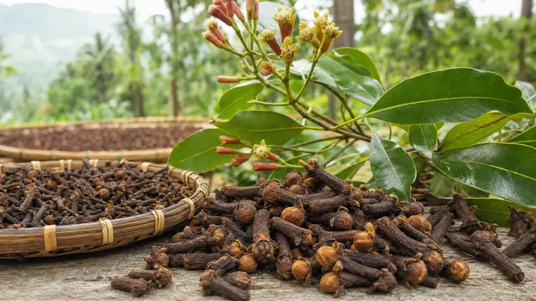 Dried clove buds on a tropical botanical background, showing the spice’s plant origin, harvest context, and quality-related drying process.