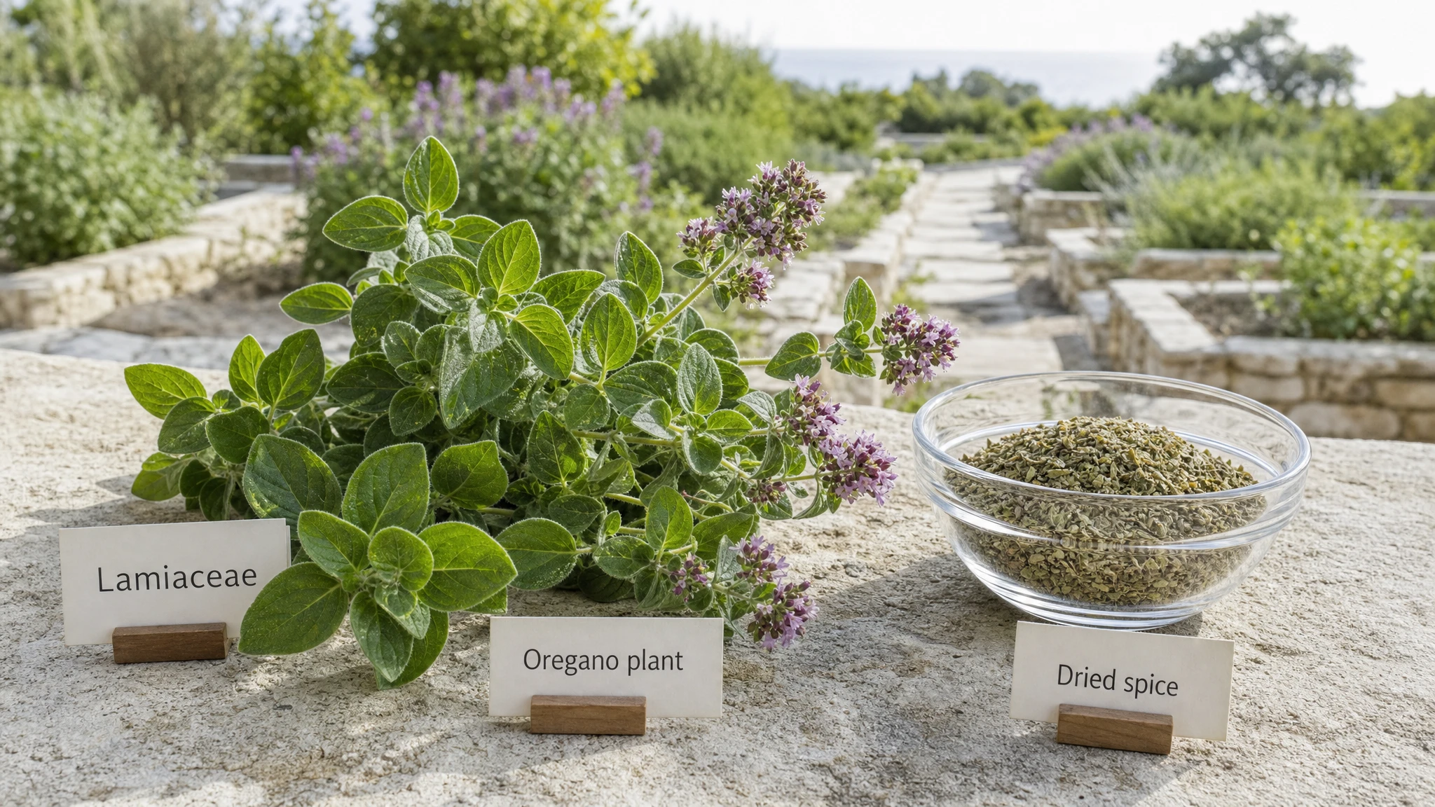 Branch of fresh oregano with dried leaves in a glass bowl, in a bright Mediterranean botanical setting.