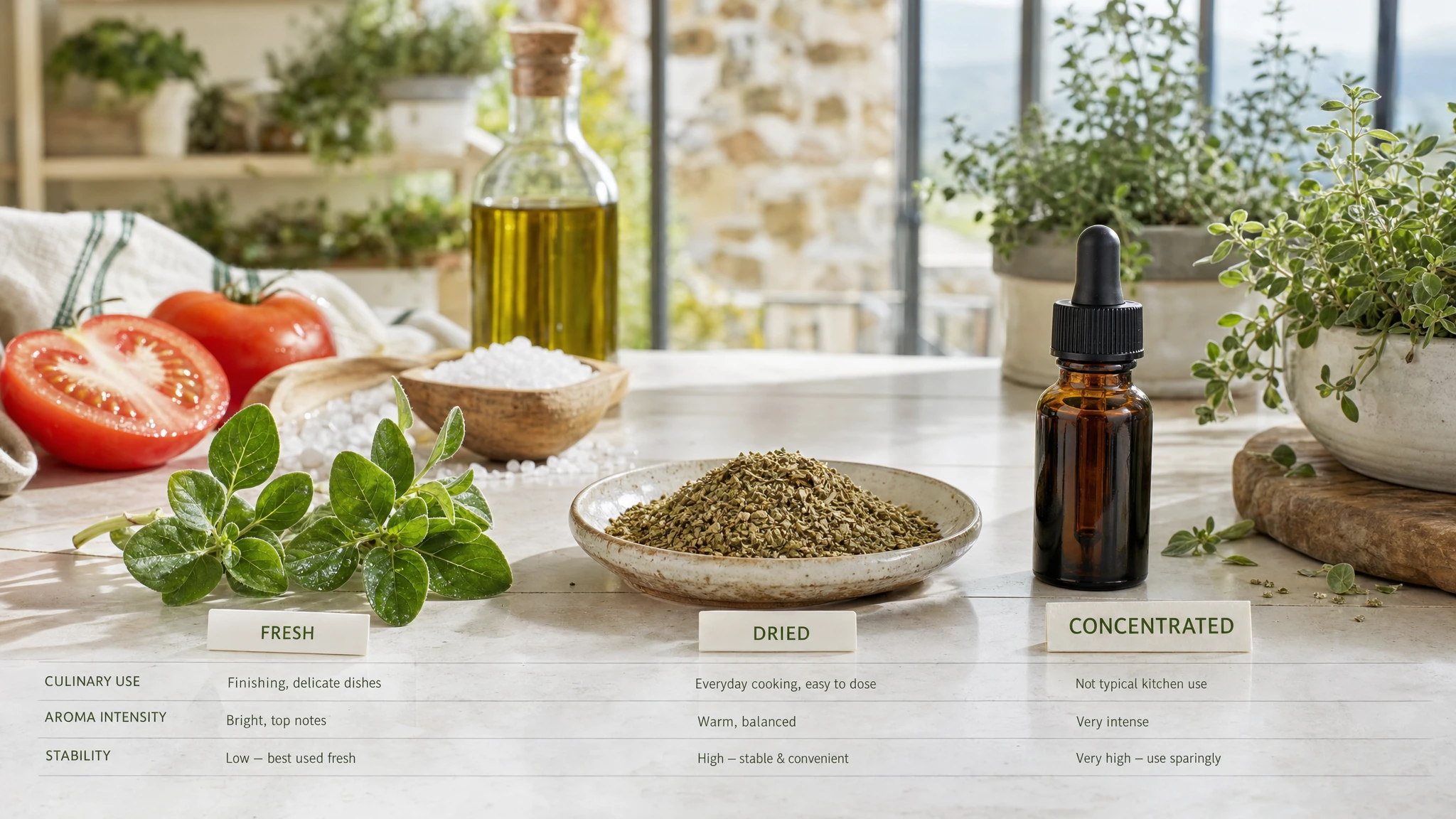 Still life with fresh, dried, and concentrated oregano on a bright Mediterranean table, to compare use and aromatic intensity.
