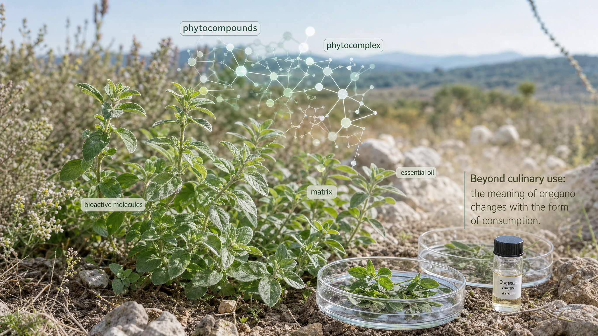 Oregano in a Mediterranean habitat with stylized molecules and subtle glassware, to explain phytocompounds and functional nutrition.
