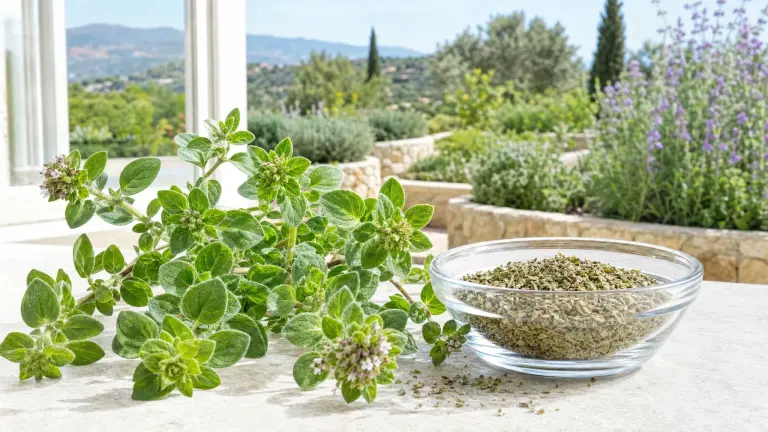 A sprig of fresh oregano next to dried oregano in a glass bowl, in a bright and realistic Mediterranean botanical setting.