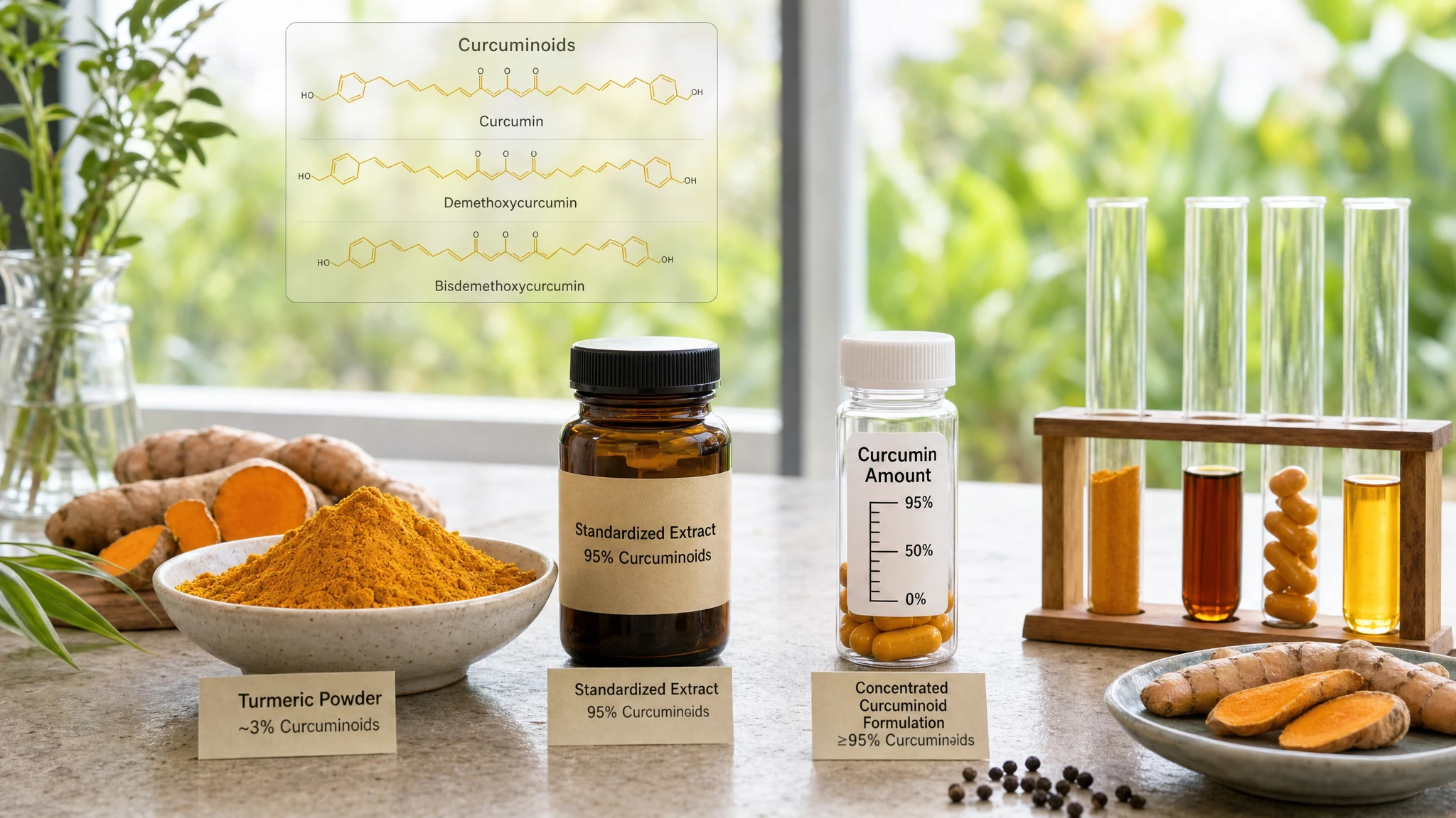 Visual comparison between turmeric powder, standardized extract, and concentrated formulation with indications of the actual curcuminoid content.