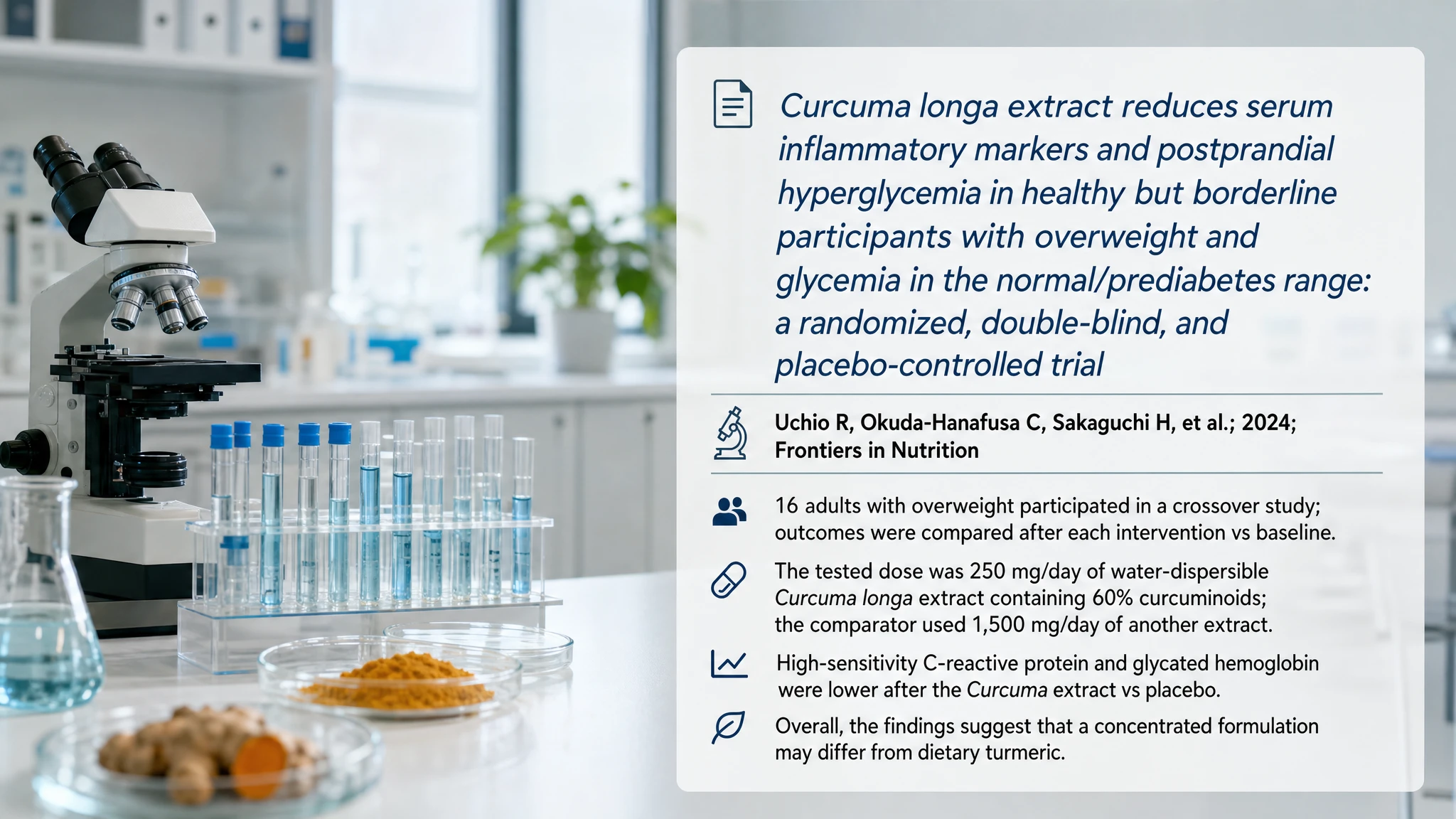 Recent research and updates: Curcuma longa extract reduces serum inflammatory markers and postprandial hyperglycemia in healthy but borderline participants with overweight and glycemia in the normal/prediabetes value interval: a randomized, double-blind, and placebo-controlled trial