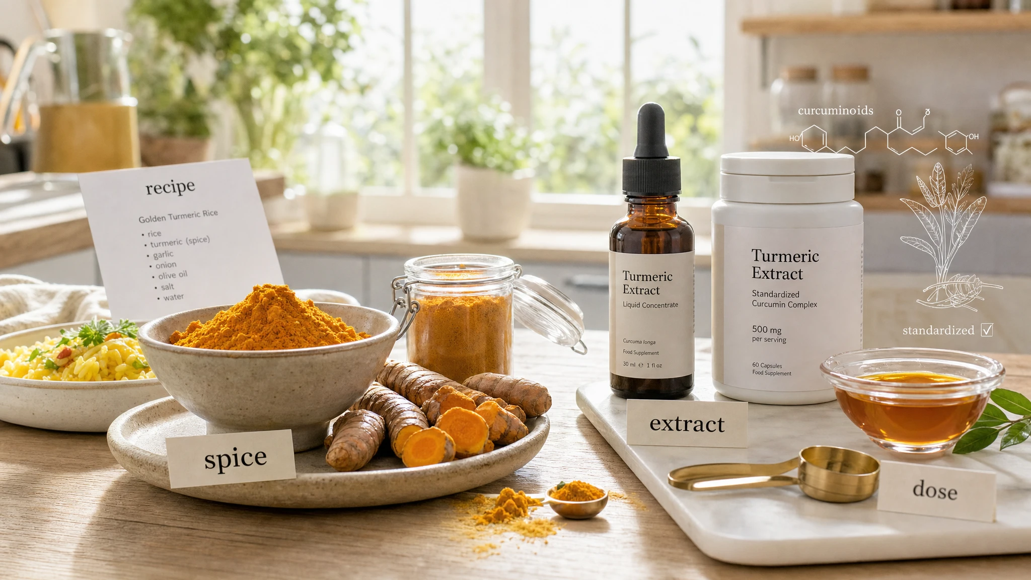 Turmeric powder and rhizomes next to a concentrated extract, to show the practical difference between a spice and a standardized formulation.