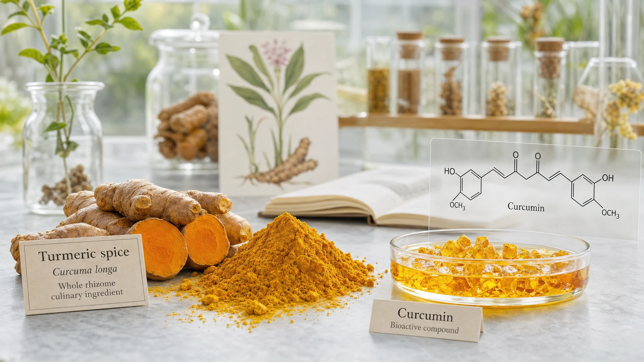 Turmeric spice and curcumin extract shown as distinct elements in a scientific editorial composition.