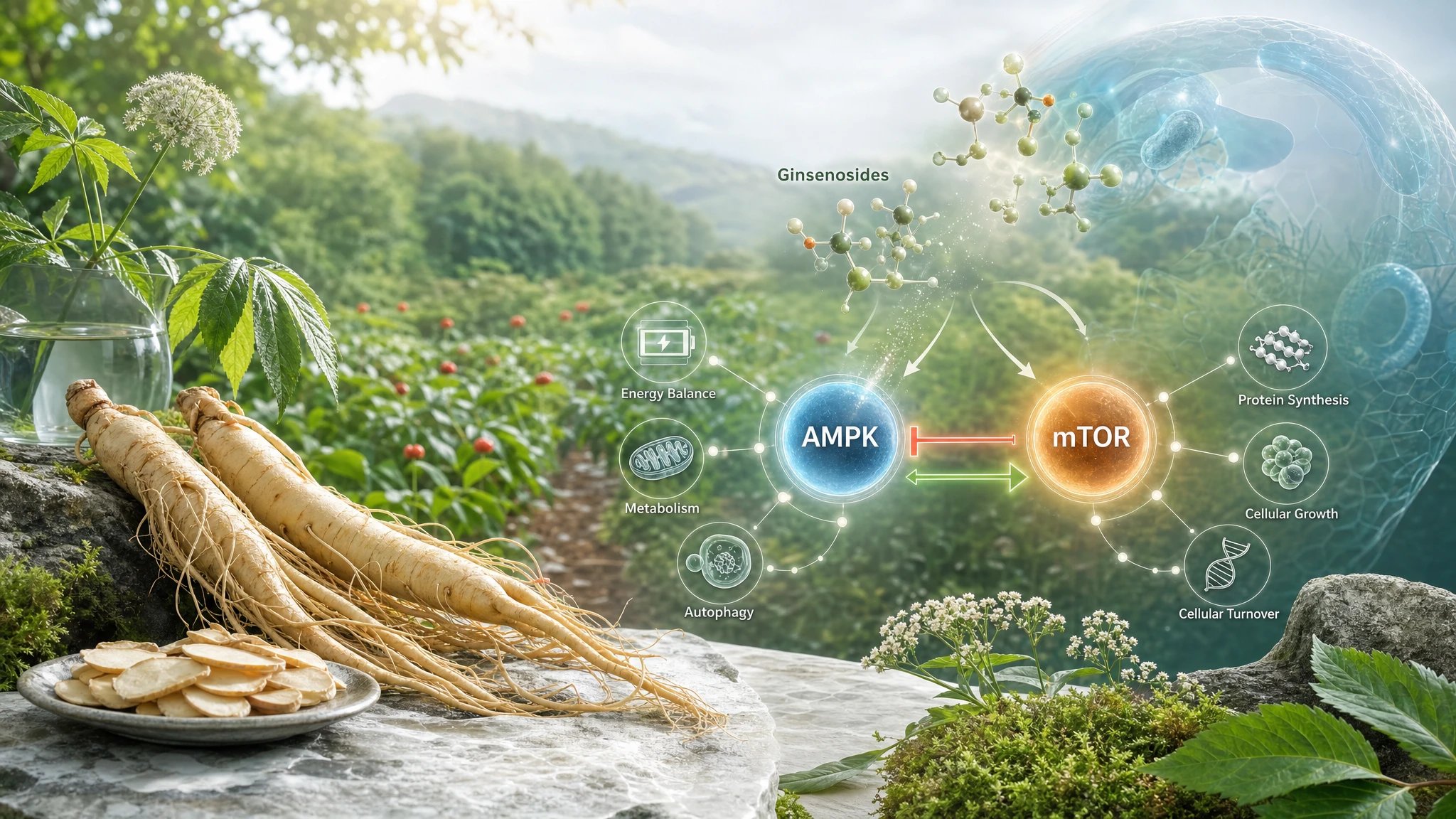 Ginseng, ginsenosides, and AMPK-mTOR signals illustrated in a scientific botanical scene involving metabolism and energy balance.