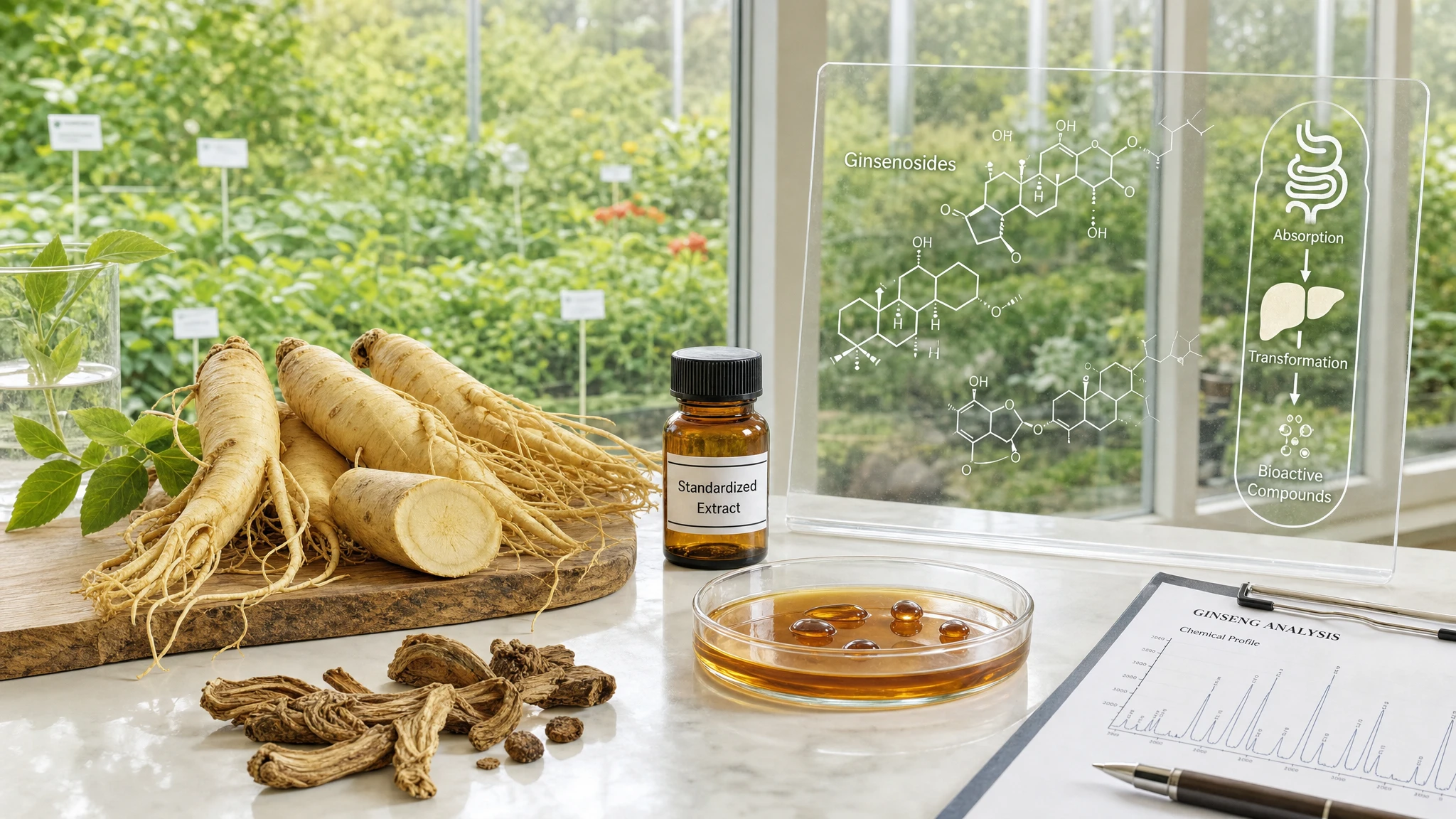 Ginseng and bioactive compounds with roots, standardized extract, and molecular references in a bright scientific context.