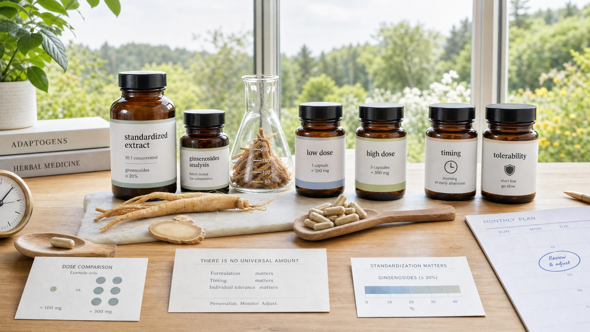 Scientific still-life with ginseng, measured containers, and labels, to communicate dosage, timing, and safety of supplementation.