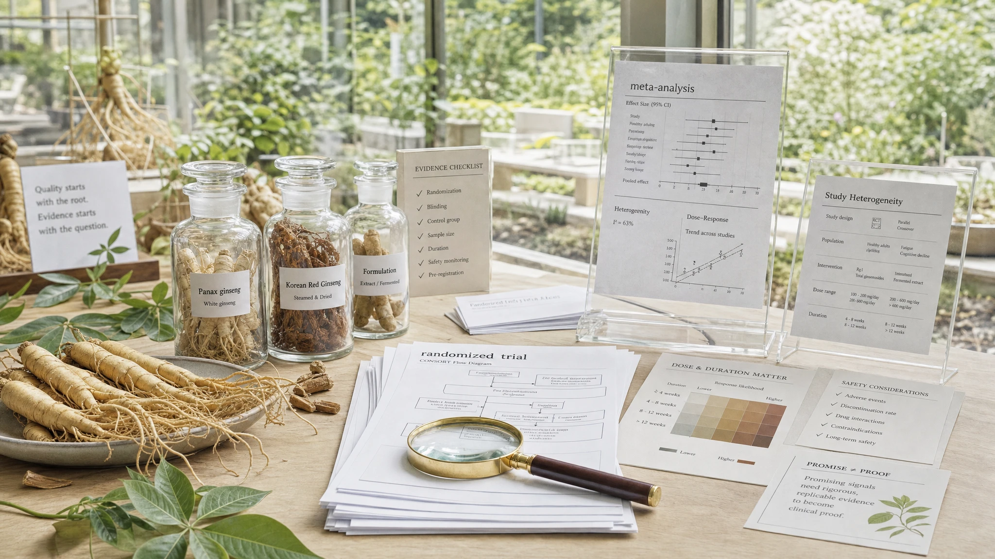 Editorial composition with ginseng, scientific articles, and charts, representing evidence, safety, and critical reading of studies.