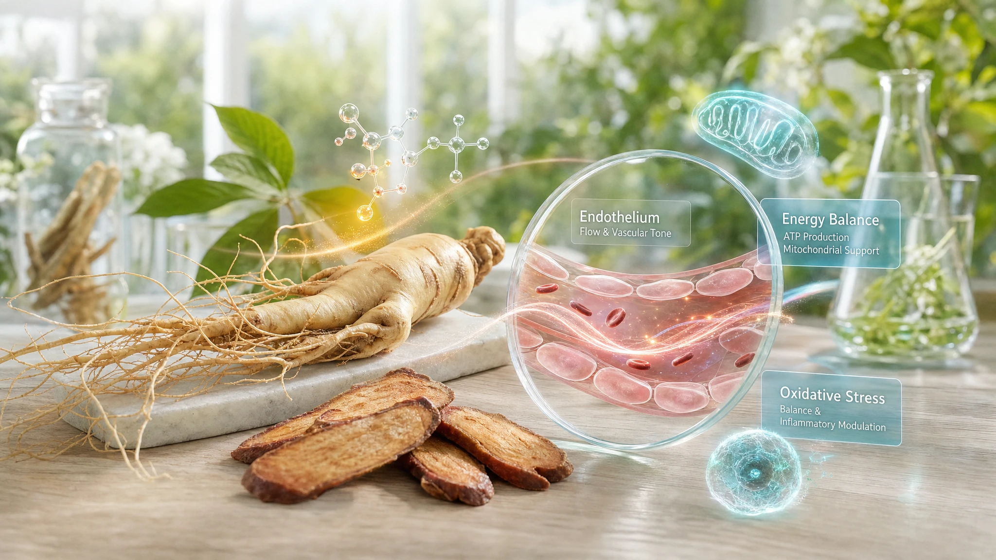 Ginseng with visual references to the heart, cellular energy, and inflammation, in a natural and bright scientific scene.