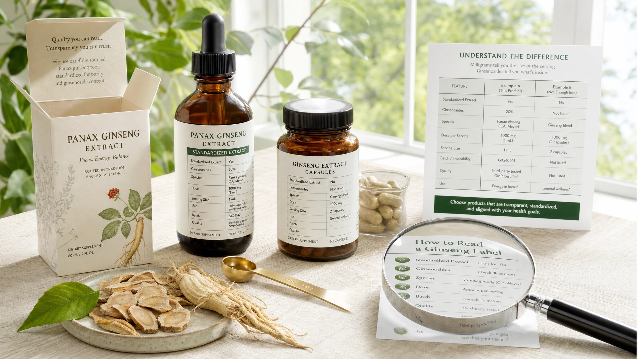 Ginseng supplements with readable labels, a magnifying glass, and dried roots to illustrate informed choice and standardization.
