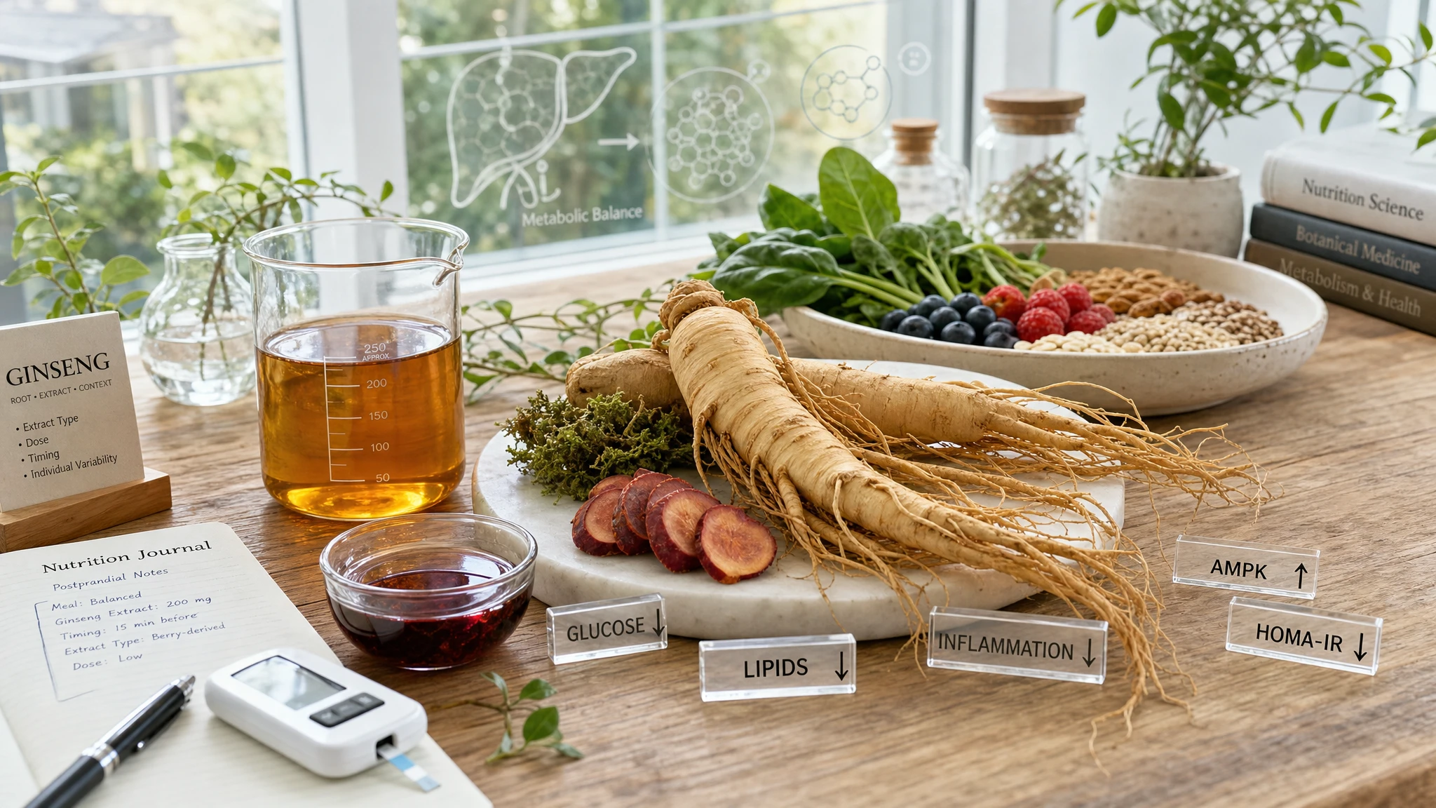 Editorial composition with ginseng roots, extract, and fresh food, with labels regarding glycemia, lipids, and inflammation.