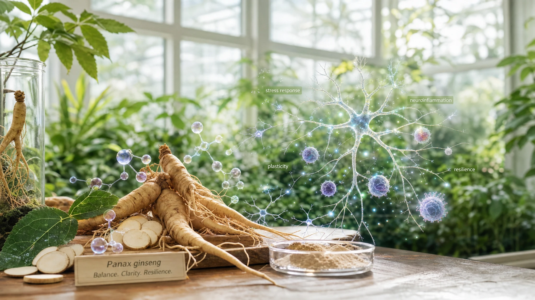 Ginseng in a botanical-scientific context with a stylized neural network, suggesting nervous balance, stress, and neuroinflammation.