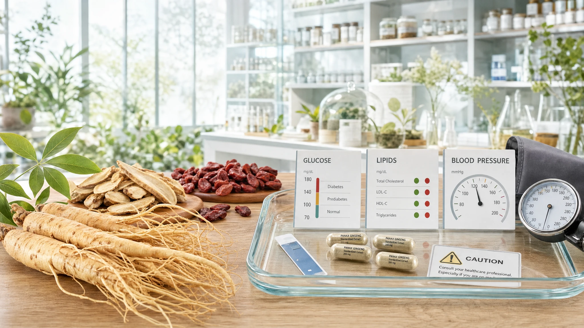 Ginseng roots with clinical indicators for glycemia, blood pressure, and lipids, in a natural and bright scientific setting.