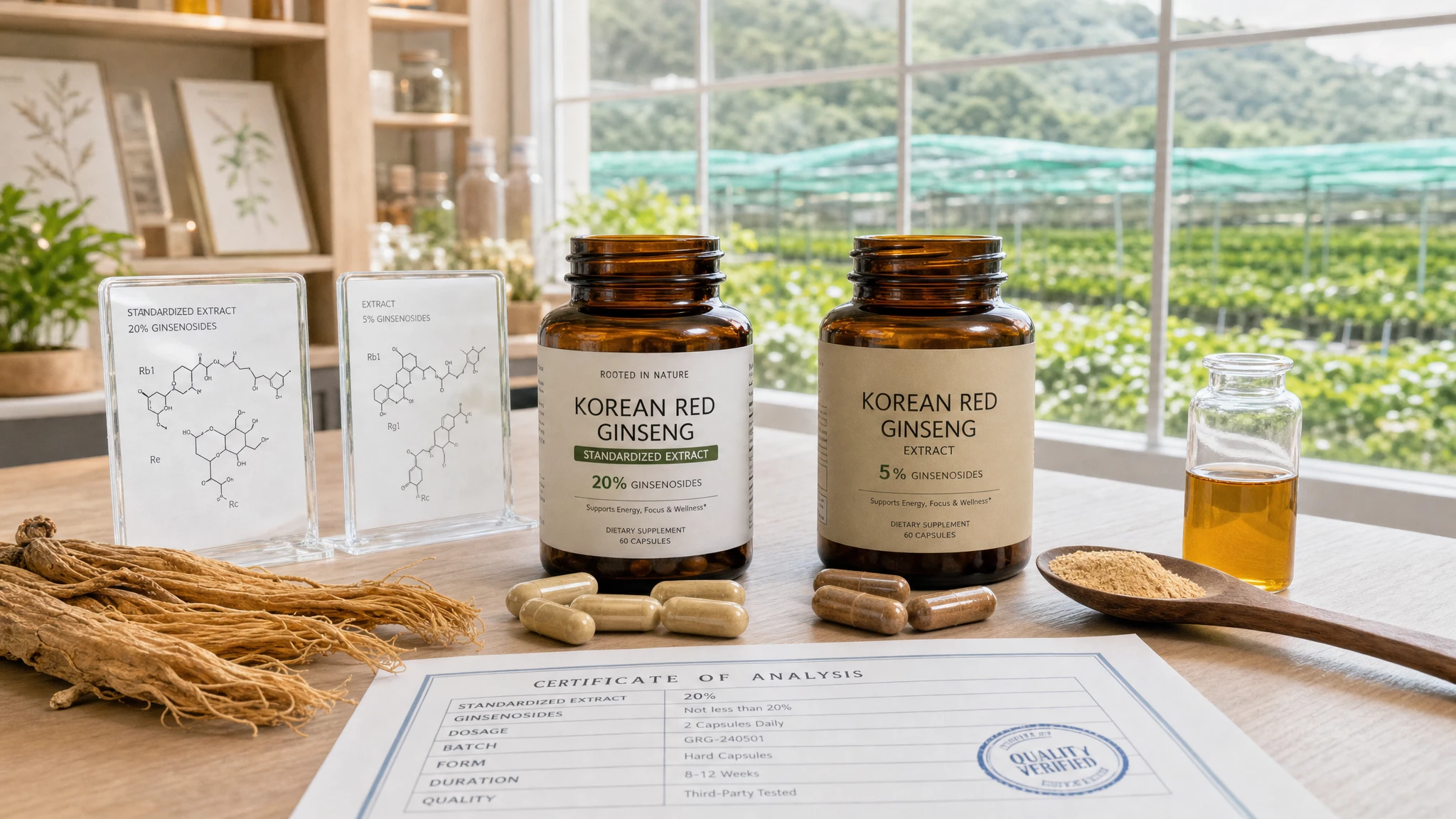 Ginseng supplements, capsules, roots, and standardized labels in a bright, scientific botanical setting.