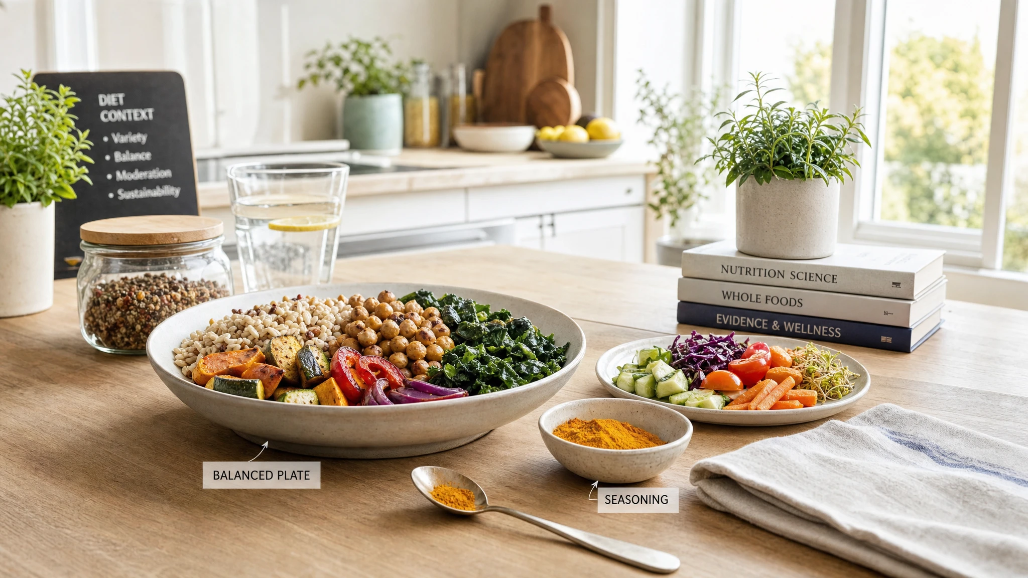 Balanced meal with turmeric as a supporting spice, featuring whole grains, vegetables, and legumes in a bright kitchen.