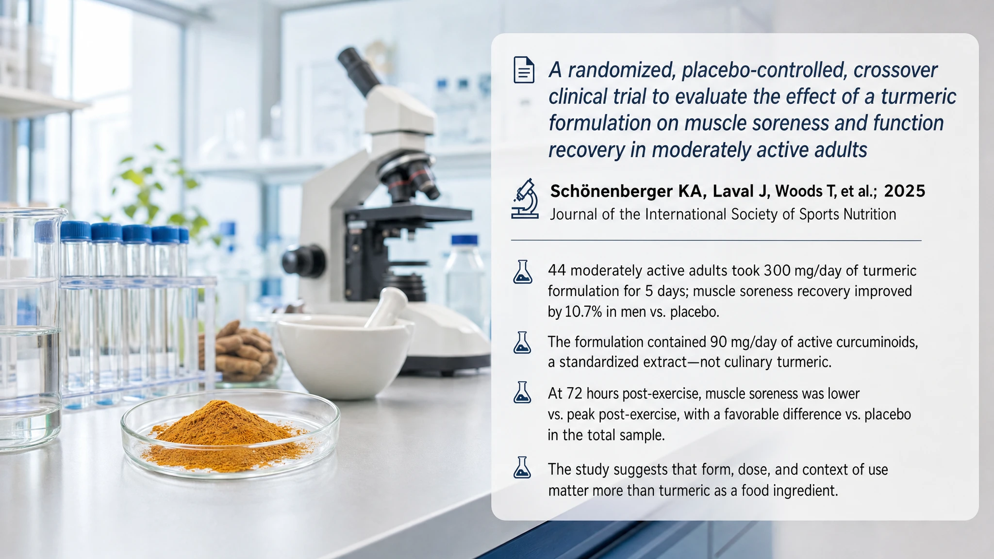 Recent research and updates: A randomized, placebo-controlled, crossover clinical trial to evaluate the effect of a turmeric formulation on muscle soreness and function recovery in moderately active adults