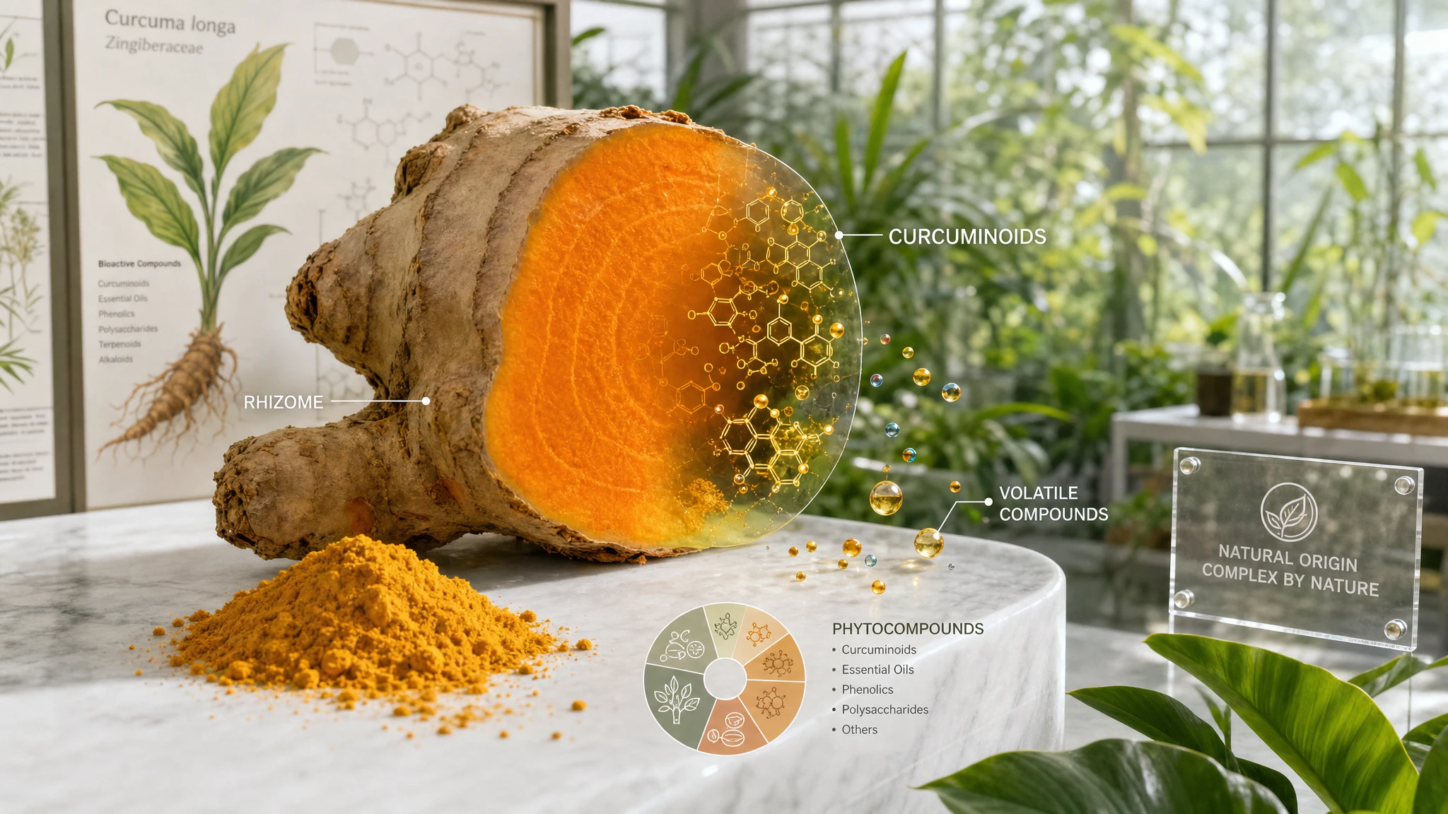 Turmeric on a botanical background, highlighting curcuminoids and volatile compounds that define its profile and nutritional interest.