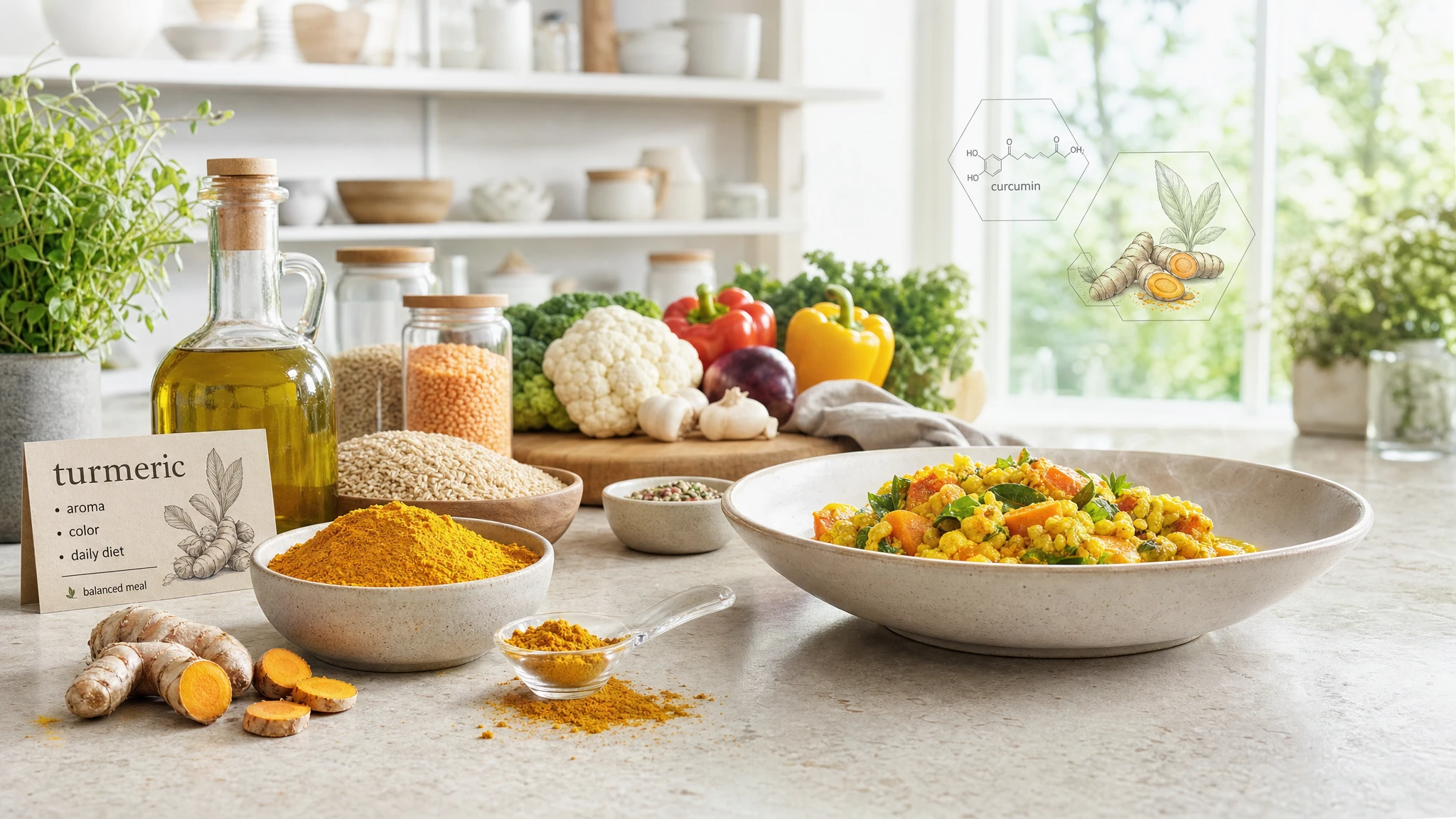 Still life with turmeric powder, a simple dish, and natural ingredients in a bright kitchen, explaining its daily dietary role.