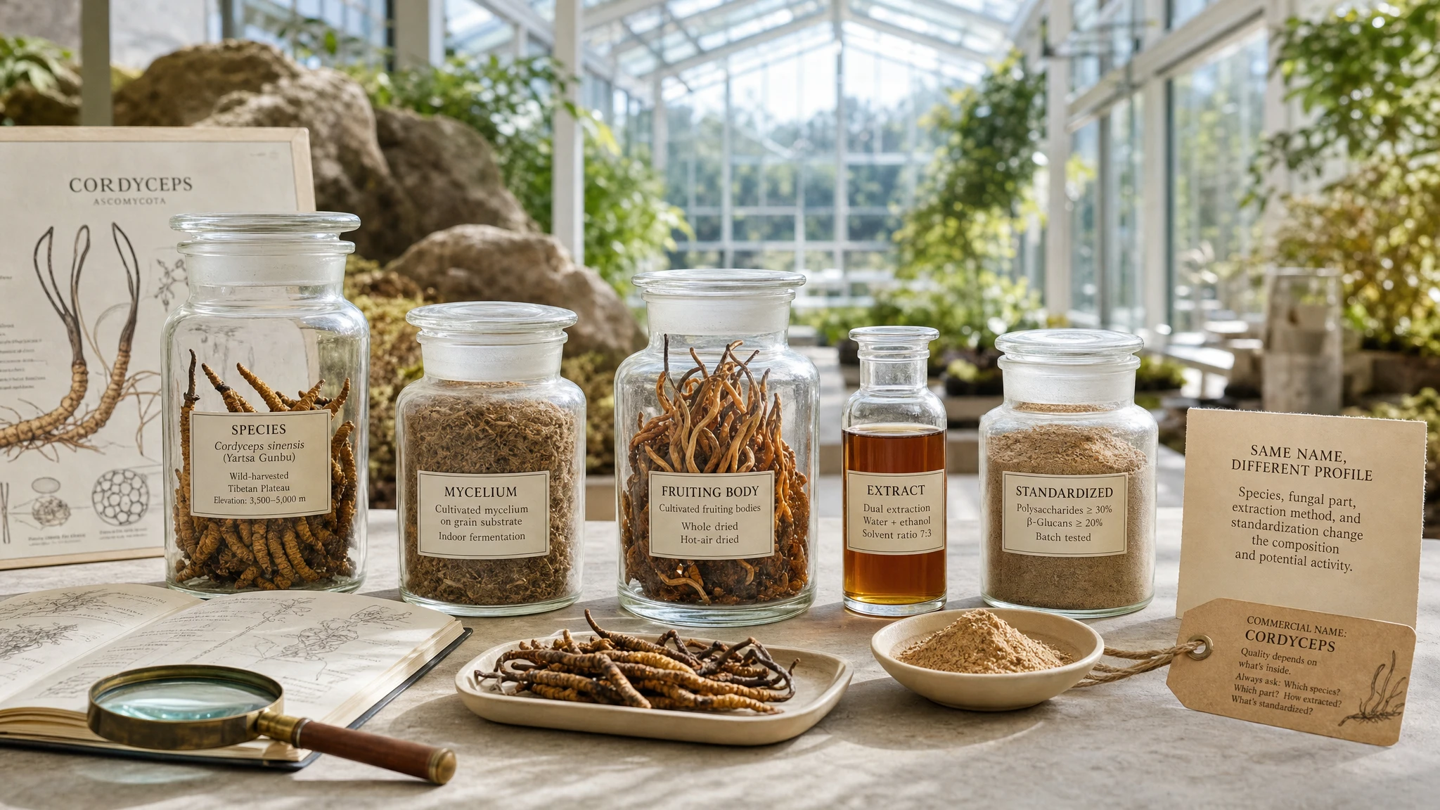 Visual comparison between different cordyceps preparations, with distinct labels and materials highlighting species, part used, and extraction method.