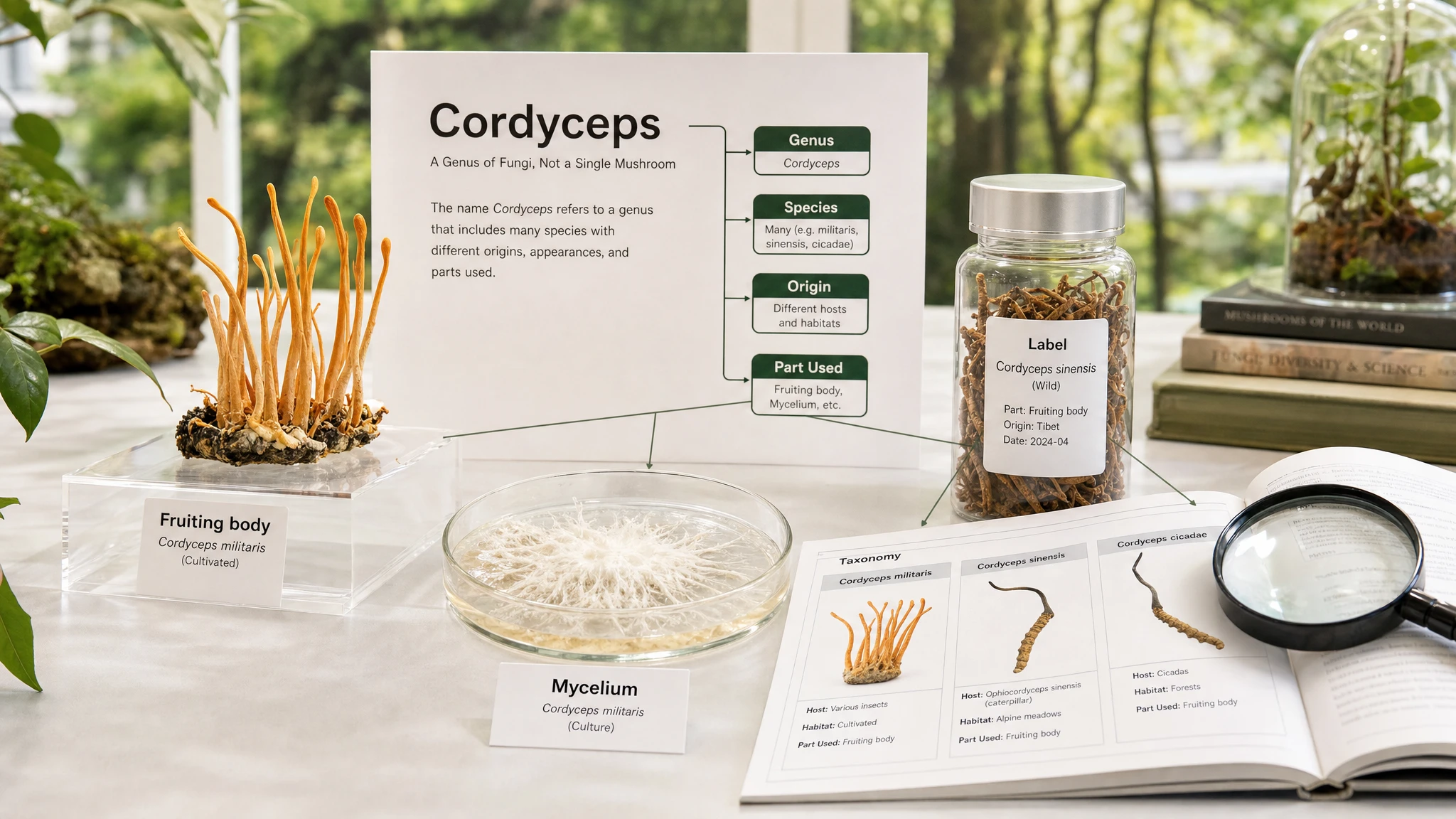 Scientific composition with cordyceps species, mycelium, and a taxonomic card showing the generic meaning of the name.