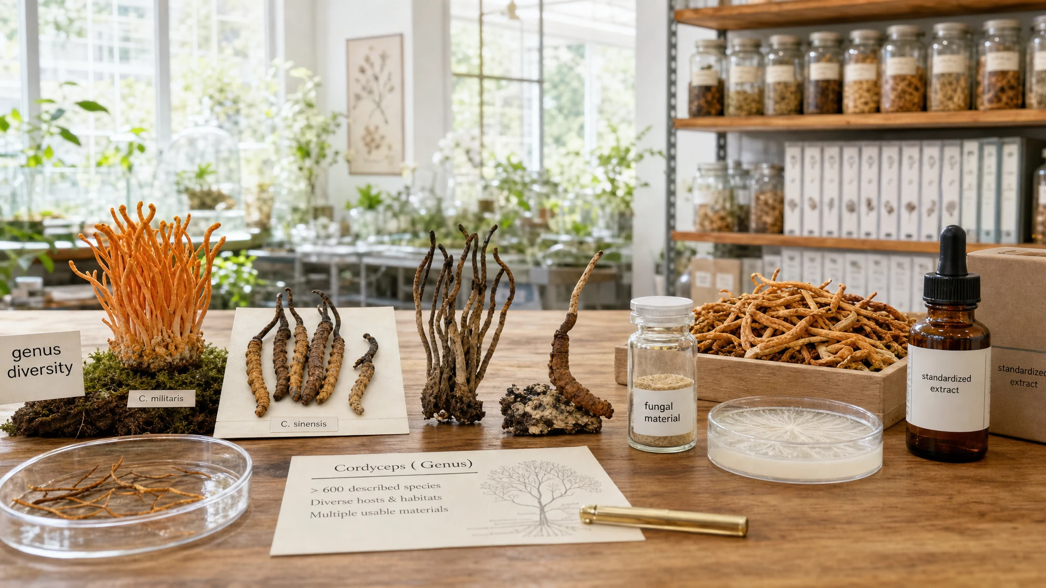 Different cordyceps species next to labels and samples, to show that few names appear in products compared to the actual variety.