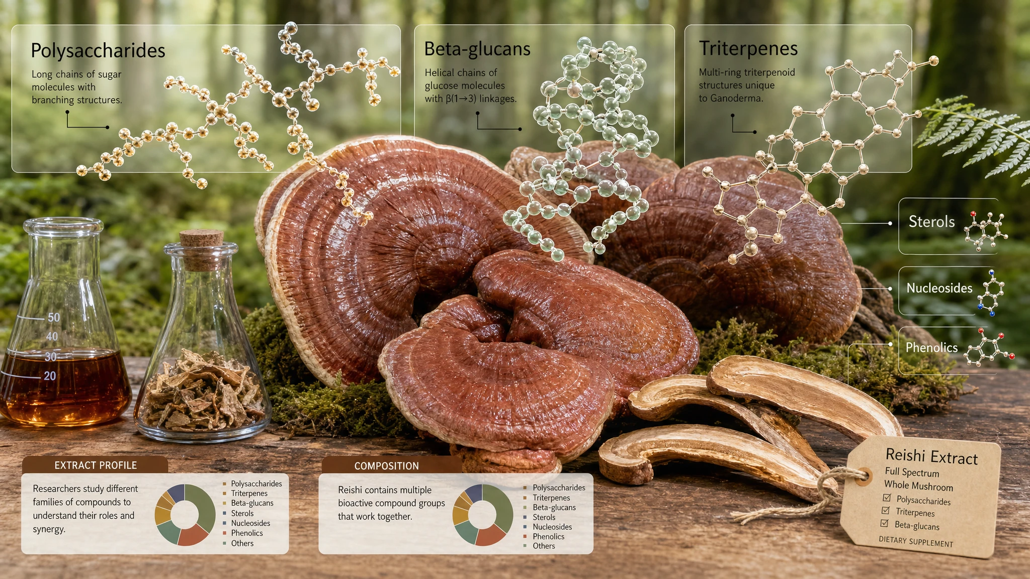 Mushroom Reishi with labeled bioactive compound families, including polysaccharides, beta-glucans, triterpenes, sterols, and phenolics in a natural setting.