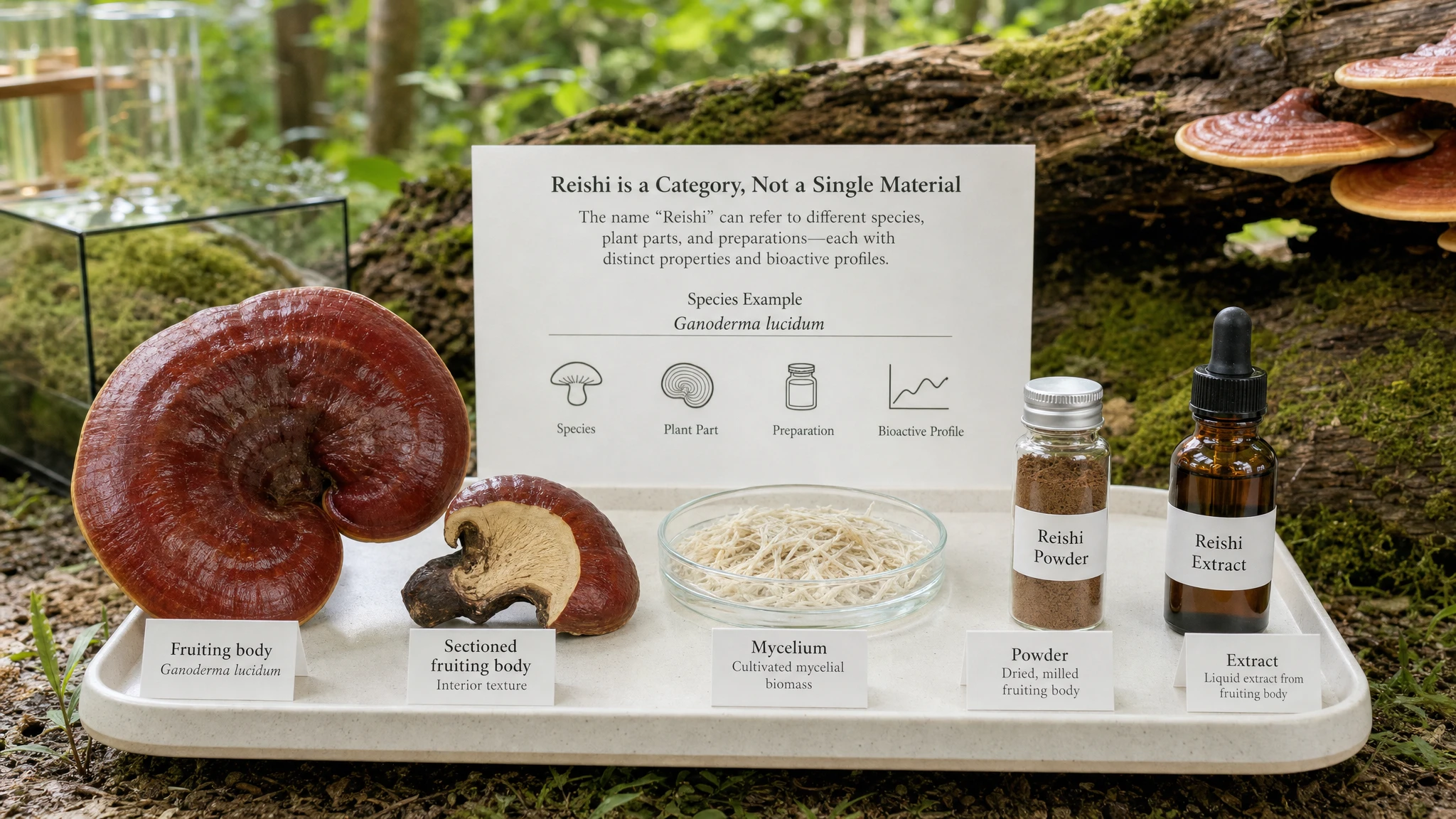 Visual comparison between the fruiting body, mycelium, powder, and extract of Reishi in a natural scientific context.