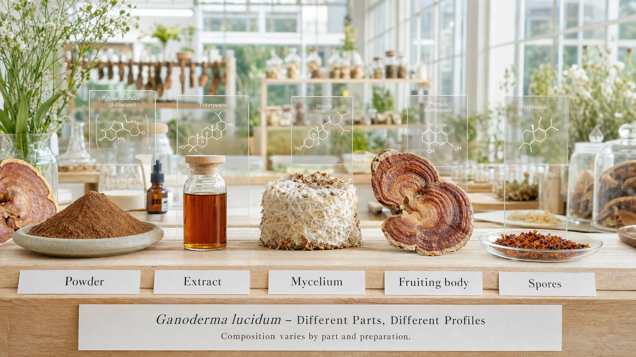 Visual comparison between different Reishi preparations, with powder, extract, mycelium, spores, and fruiting body showing different compositions.
