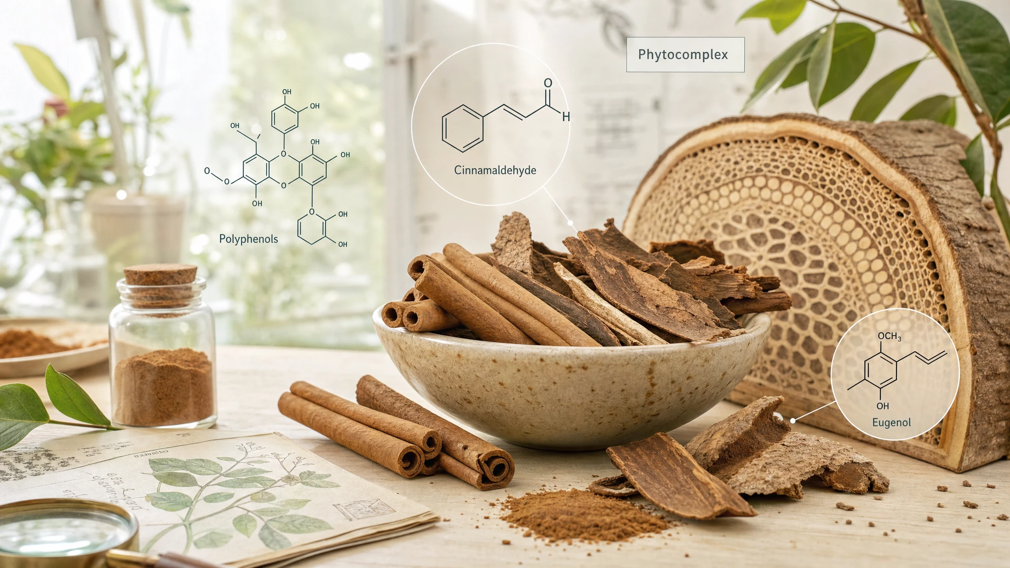 Cinnamon with molecular structures of cinnamaldehyde, polyphenols, and eugenol in an editorial and scientific botanical scene.