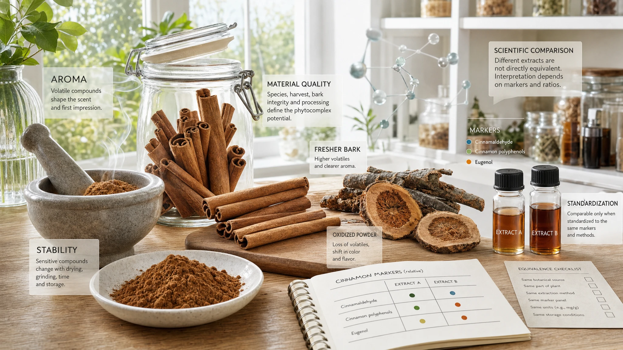 Cinnamon in different states of preservation with scientific labels, indicating aroma, quality, and standardization of extracts.