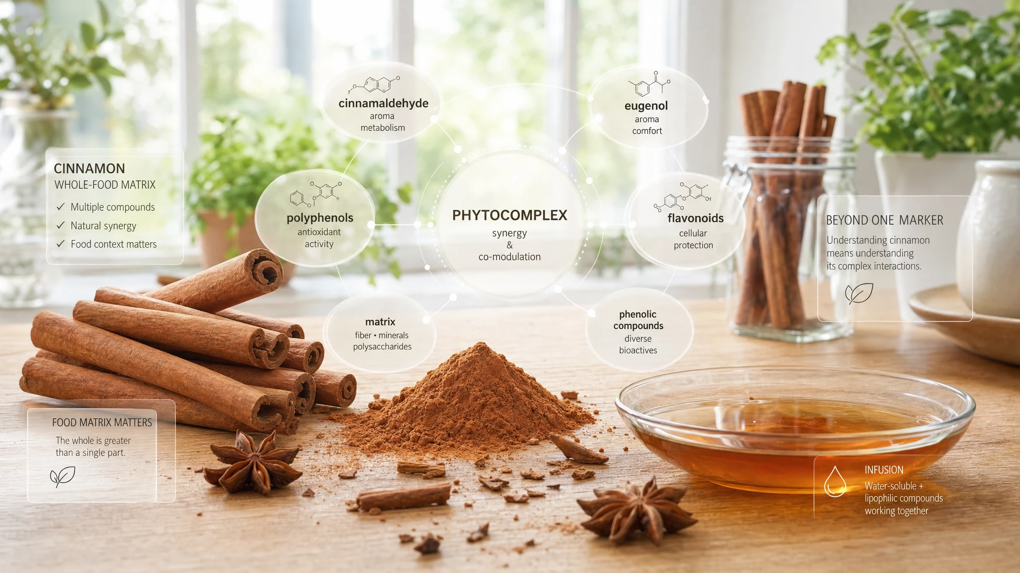 Close-up of cinnamon with subtle molecular references, showcasing the spice as a matrix of bioactive compounds.