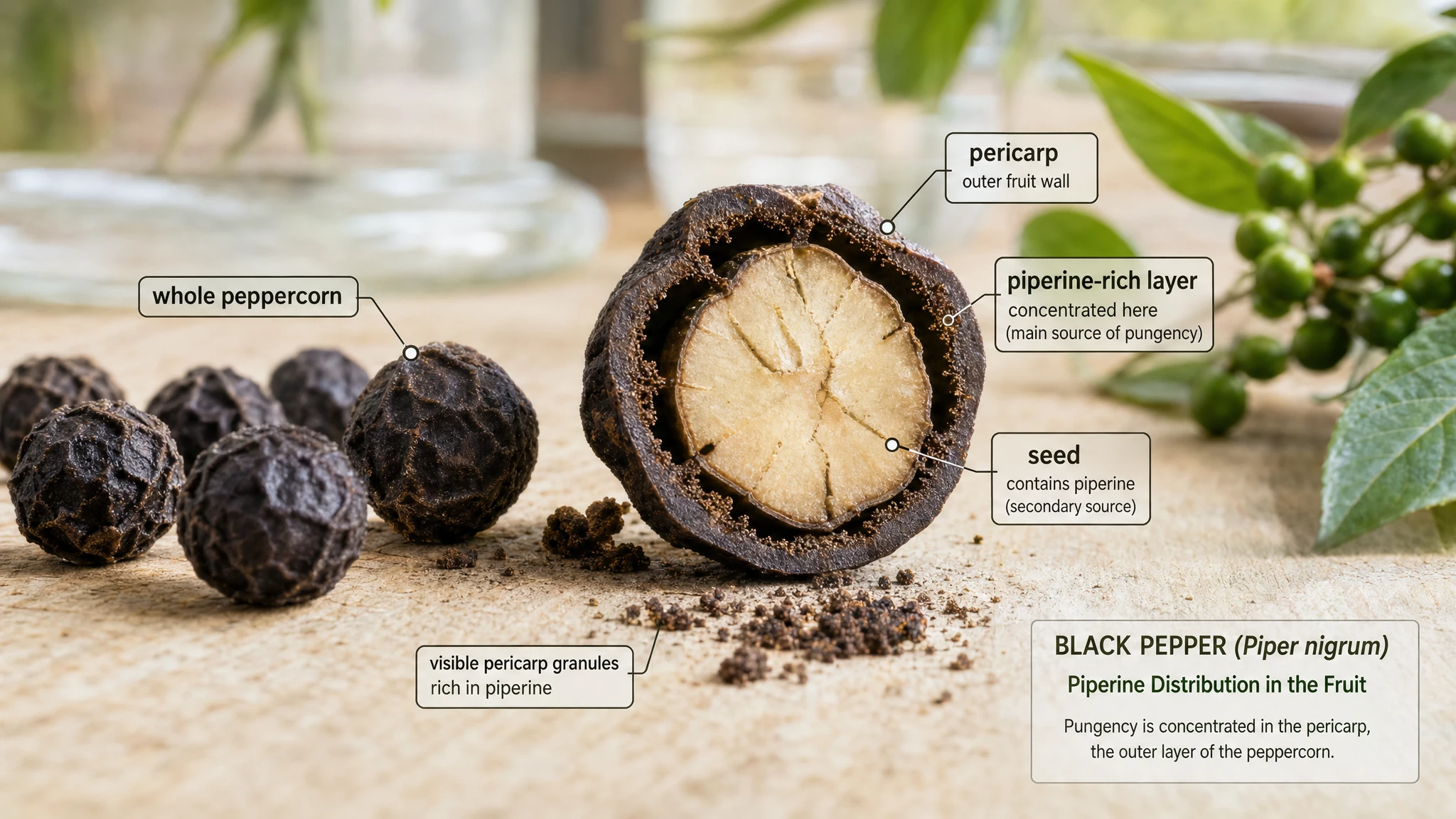 Macro section of black pepper with the pericarp highlighted as the main area of piperine concentration.