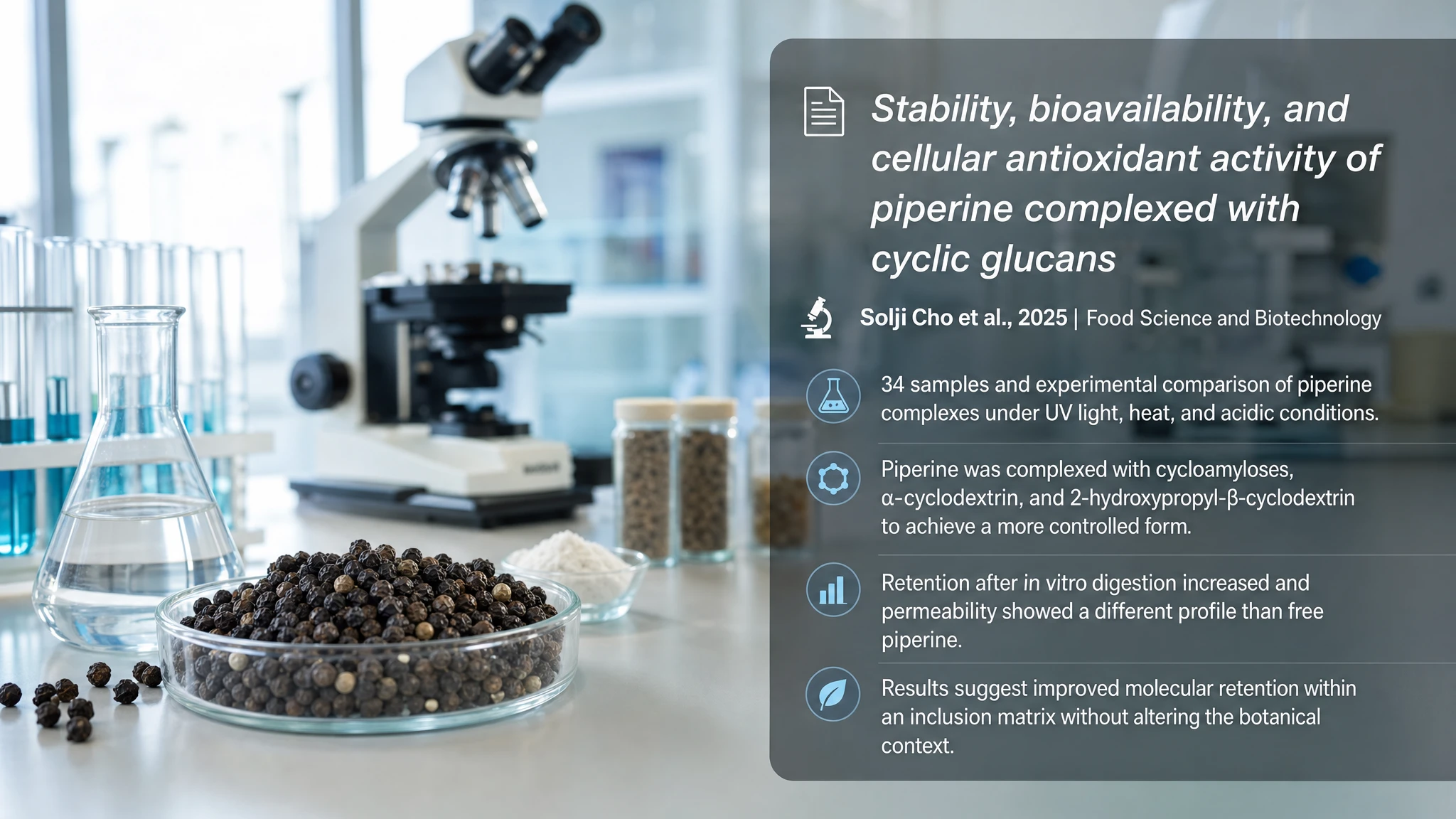 Recent research and updates: Stability, bioavailability, and cellular antioxidant activity of piperine complexed with cyclic glucans