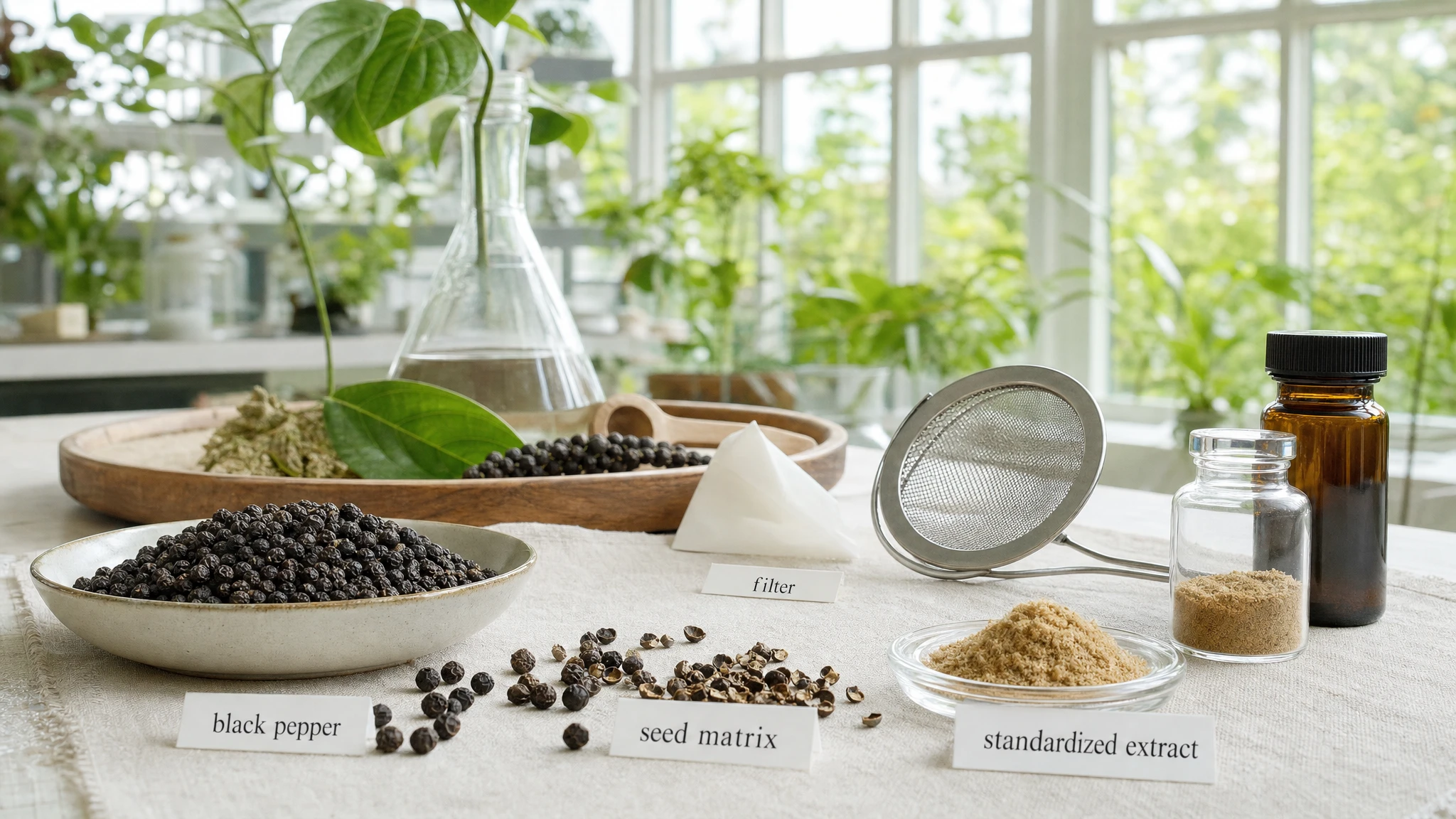 Black pepper, a filter, and a small concentrated piperine extract in a bright, natural scientific setting.