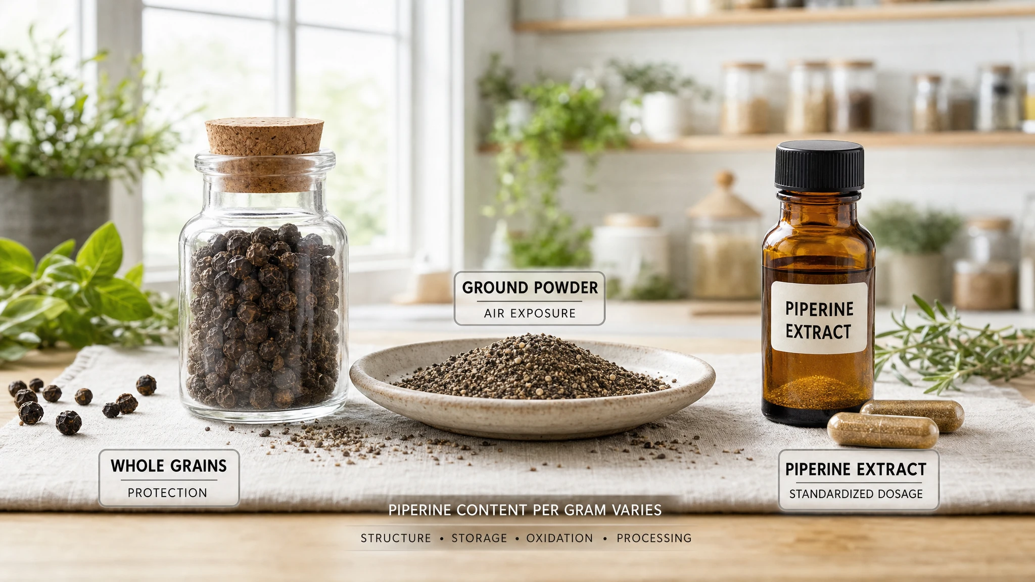 Three forms of black pepper—peppercorns, powder, and extract—illustrated to show differences in piperine content and concentration.