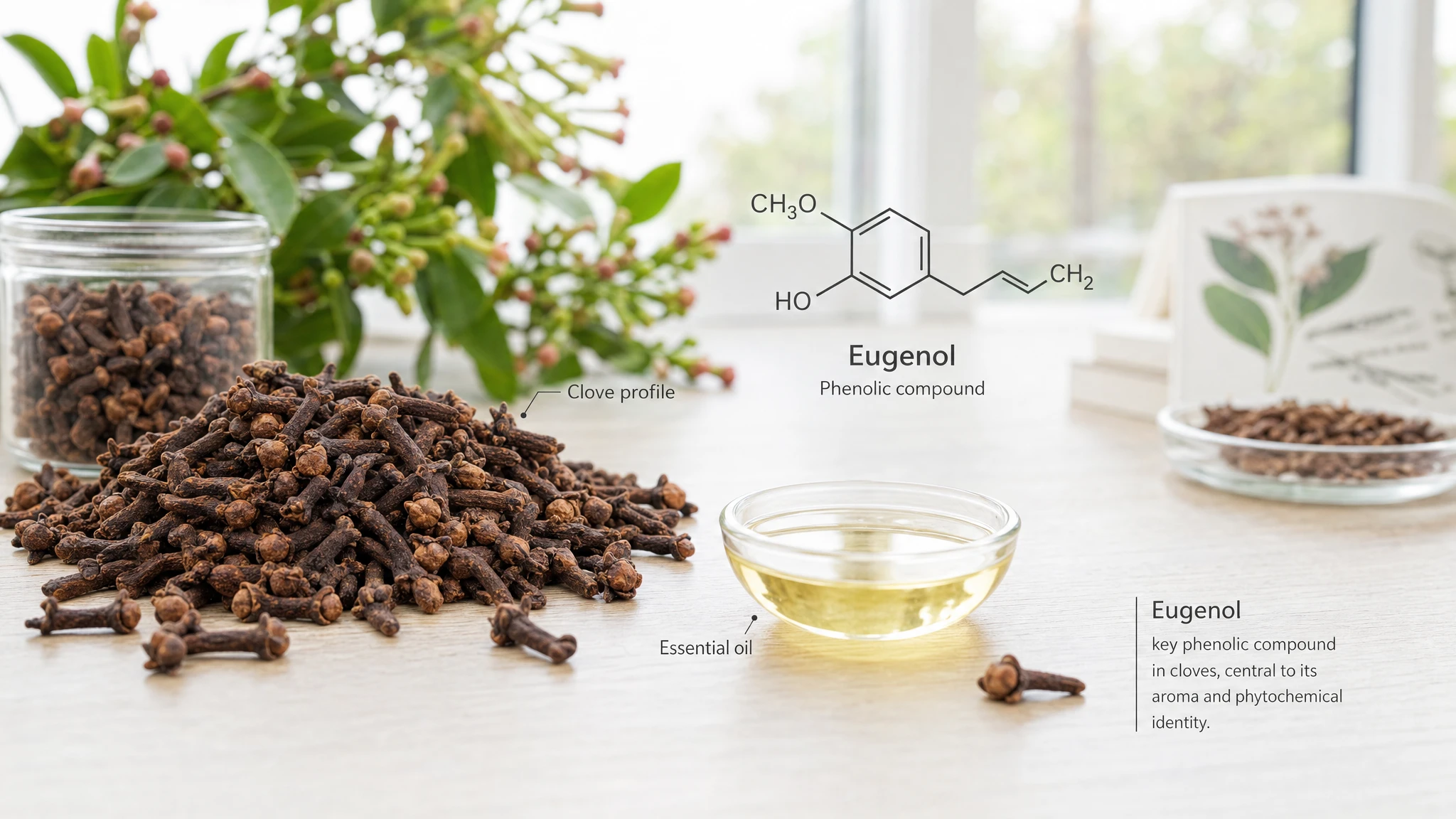 Cloves with eugenol molecule and essential oil in a bright, natural scientific setting.