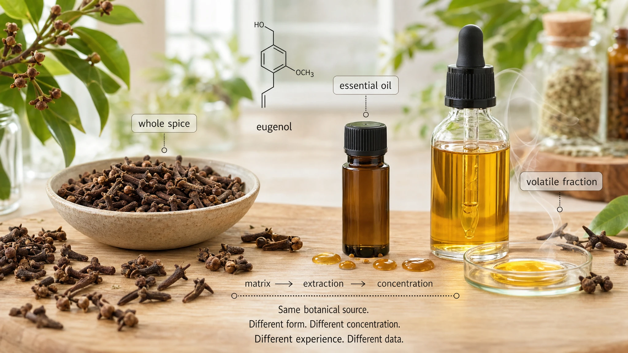 Whole cloves next to a concentrated essential oil, with a visual reference to the difference in eugenol.