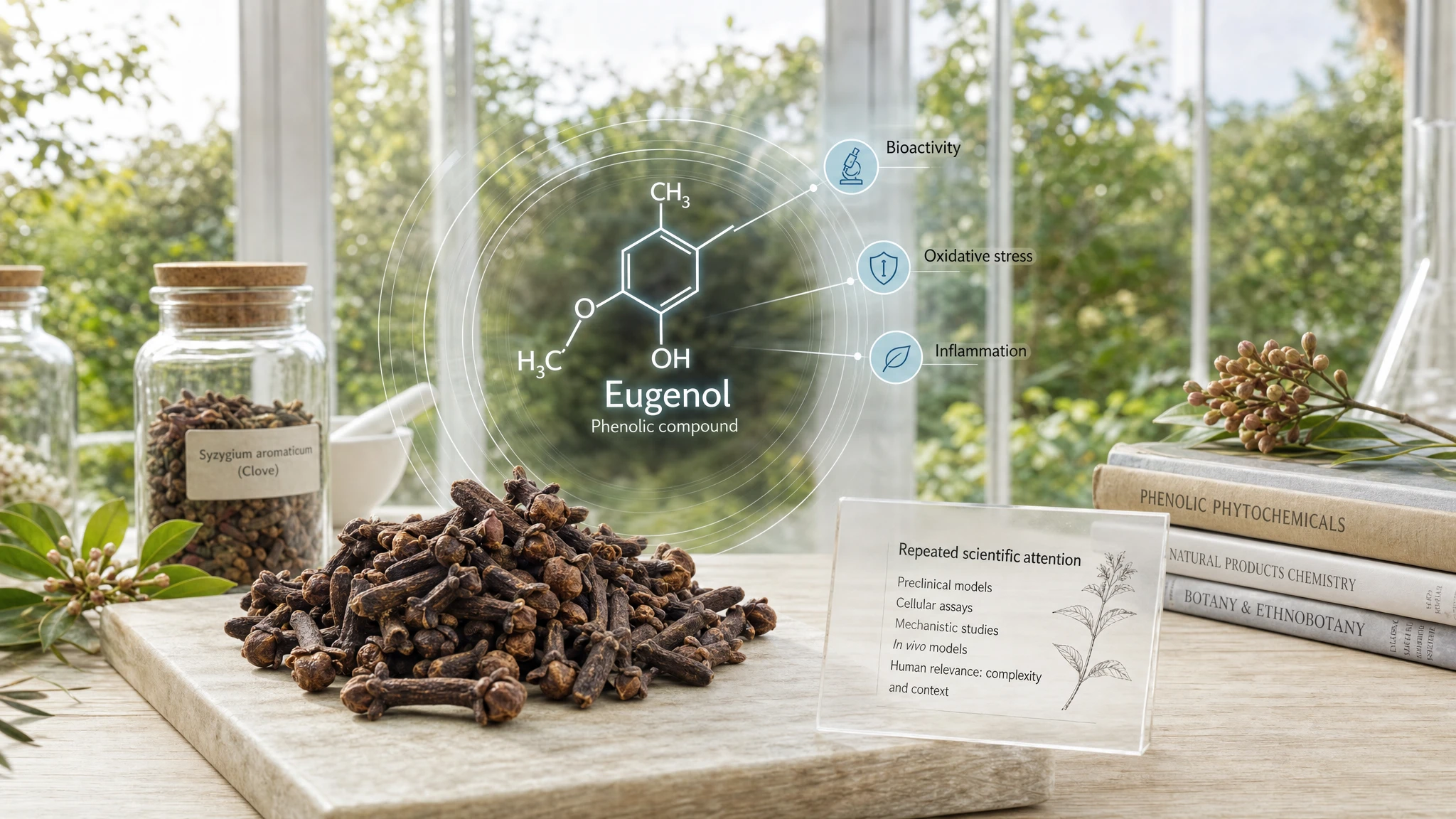 Cloves and the molecular structure of eugenol in a bright scientific botanical context, with references to bioactivity and oxidation.