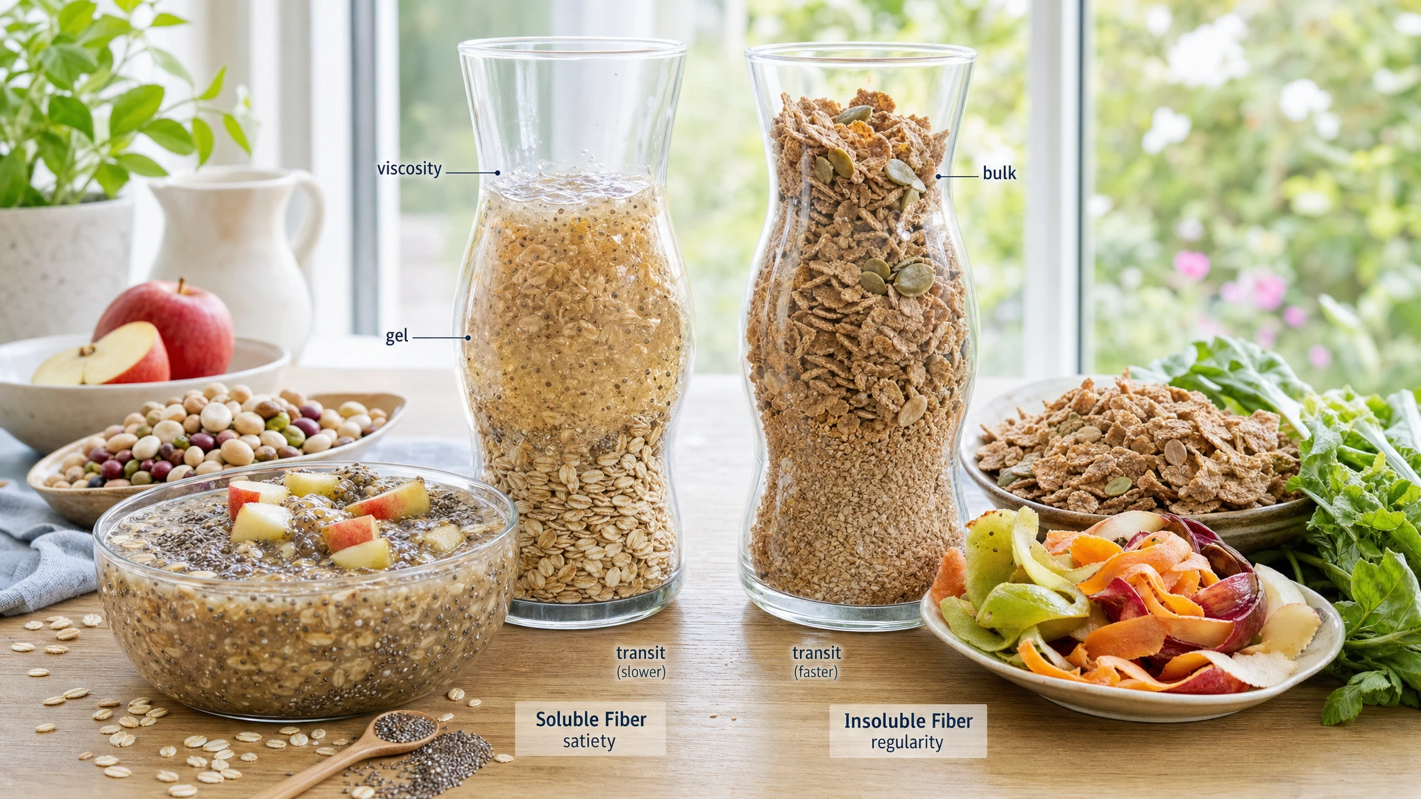 Scientific still-life with foods rich in soluble and insoluble fiber, illustrated to show satiety, viscosity, and intestinal regularity.