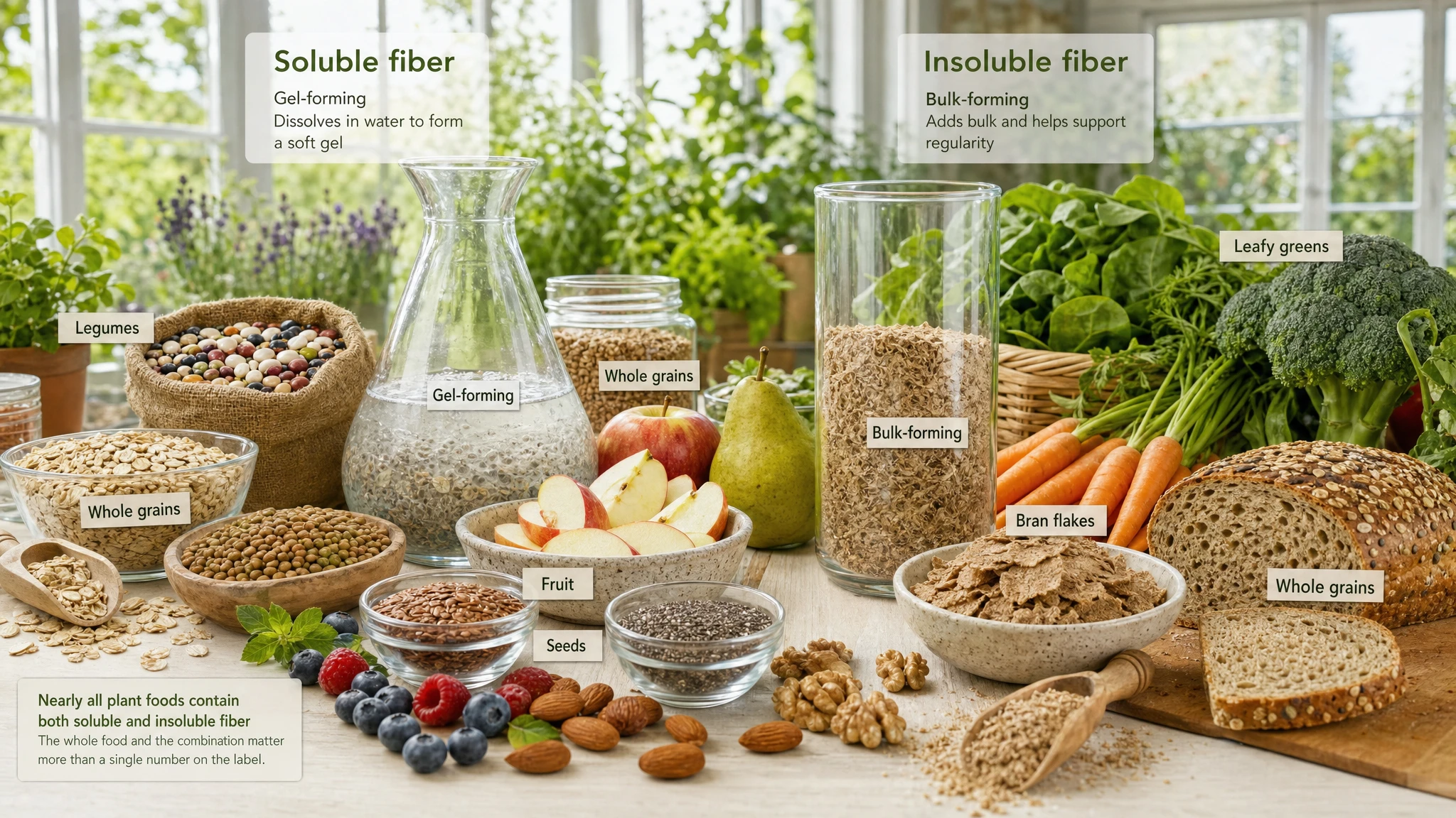 Scientific still-life with legumes, whole grains, fruits, vegetables, seeds, and nuts showing sources of soluble and insoluble fiber.