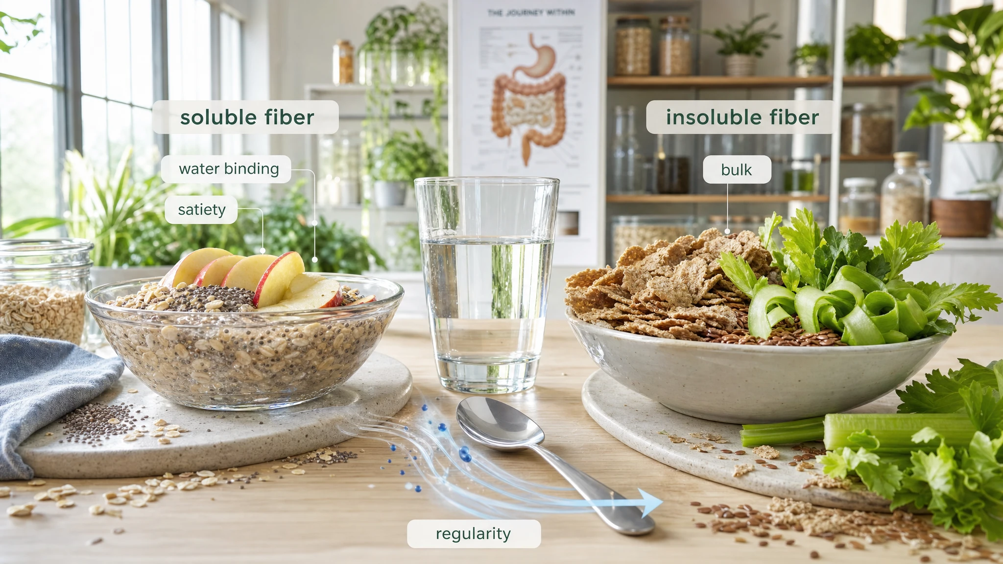 Scientific still-life with foods rich in soluble and insoluble fiber, water, different textures, and a bright editorial context.