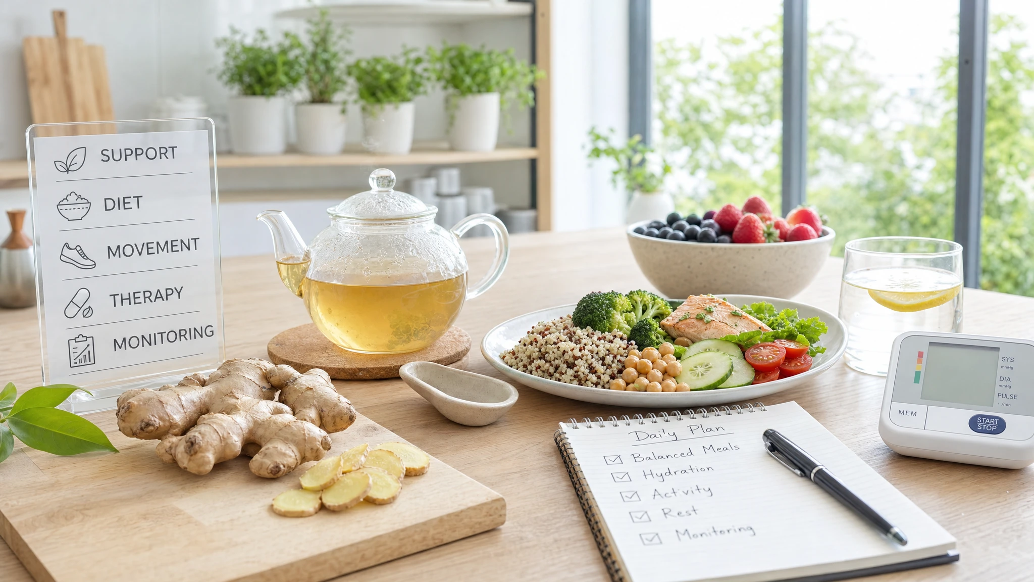 Ingwer neben einer ausgewogenen Ernährung und einfachen Erinnerungshilfen für den Lebensstil als Unterstützung und nicht als alleinige Lösung.