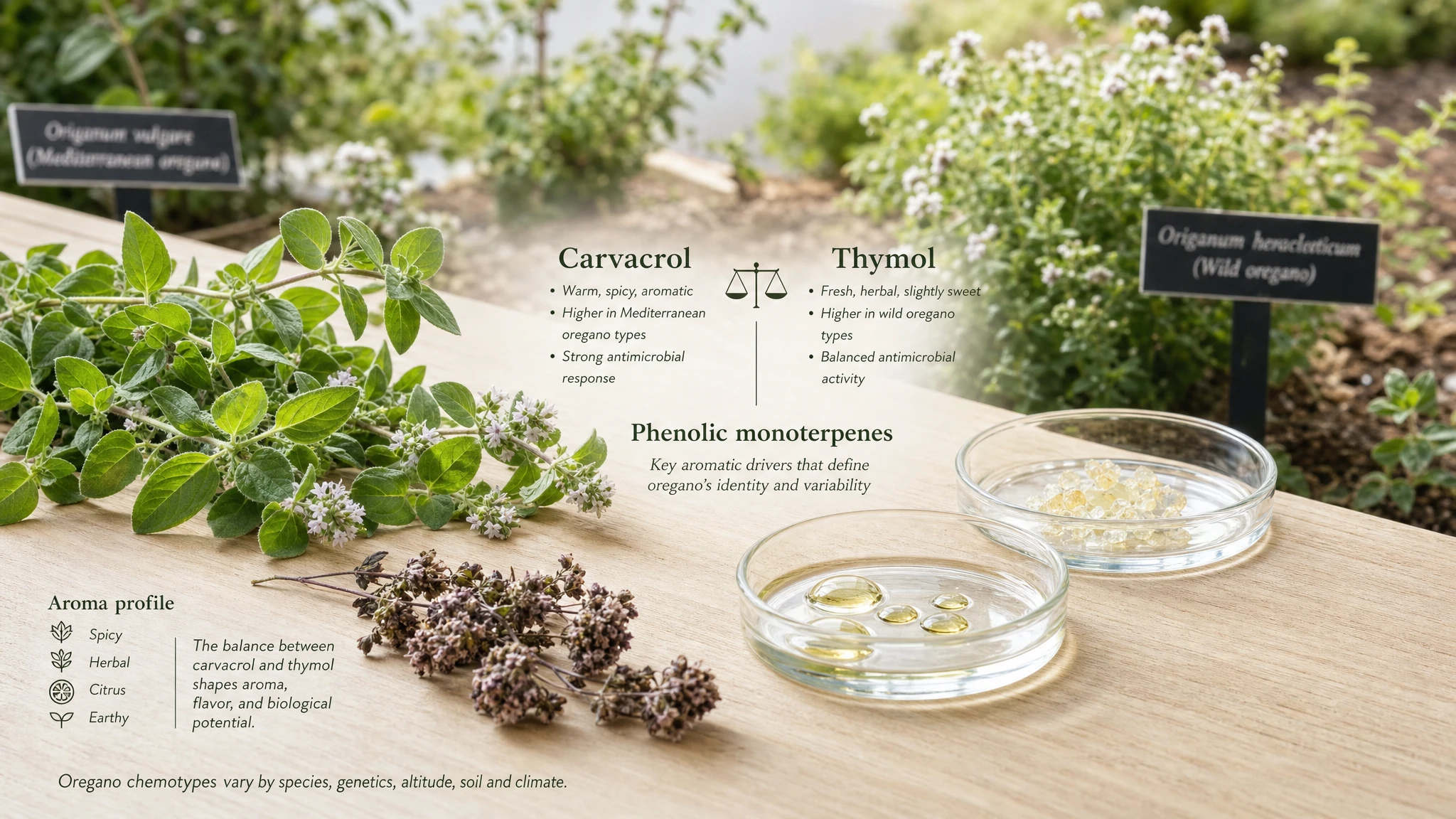 Fresh oregano and essential oil with carvacrol and thymol labels, in a bright, scientific botanical setting.