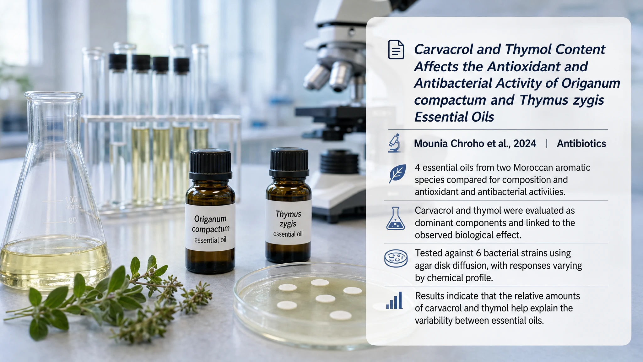 Recent research and updates: Carvacrol and Thymol Content Affects the Antioxidant and Antibacterial Activity of Origanum compactum and Thymus zygis Essential Oils