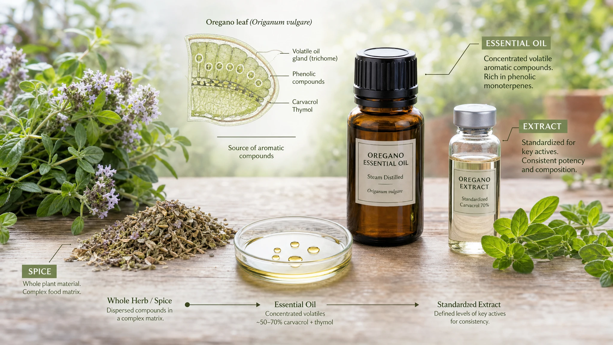 Fresh oregano, dried spice, and essential oil placed side by side to show differences in composition and concentration.
