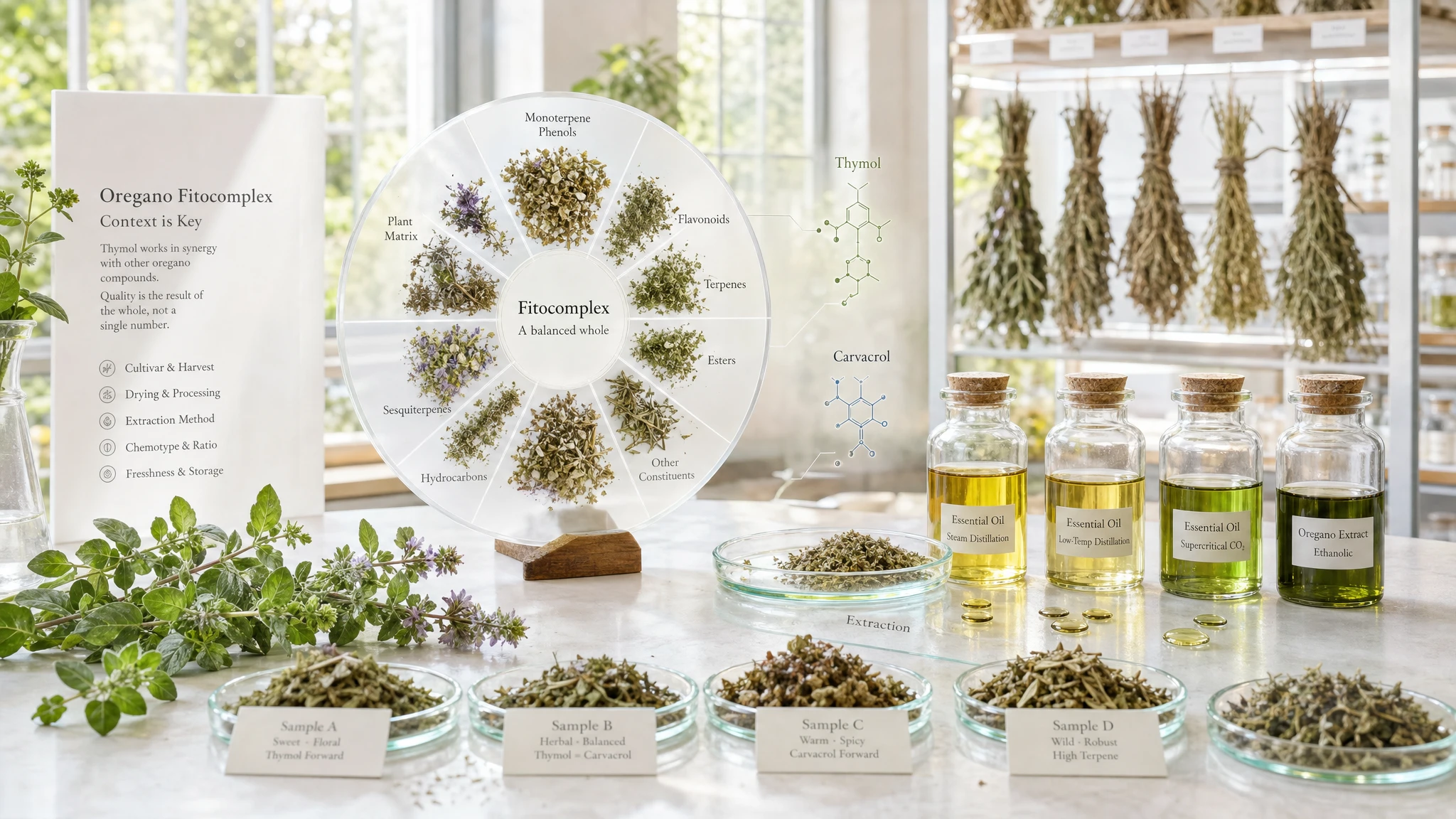 Dried oregano, essential oils, and conceptual slides showing thymol in the context of the phytocomplex and its relationship with carvacrol.