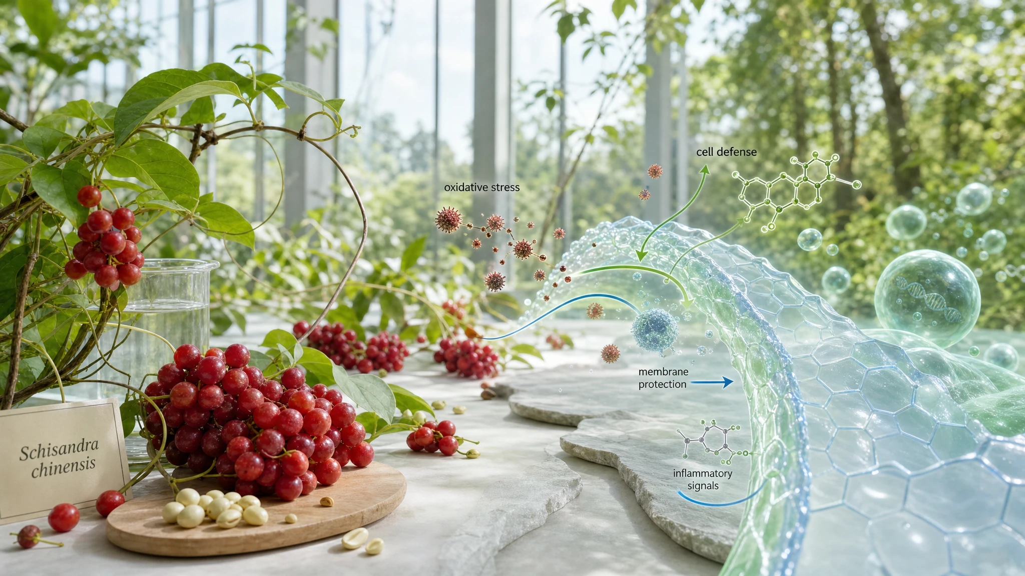 Scientific still life with Schisandra, protected cell membranes, attenuated inflammatory signals, and a stable biological environment.