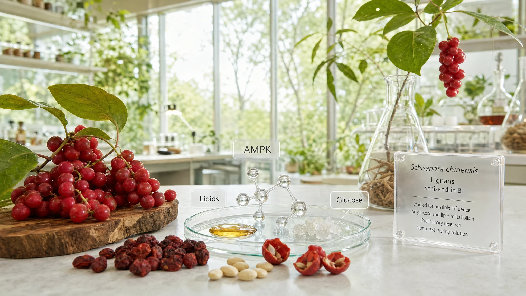 Schisandra berries with glucose, lipids and AMPK molecular cues in a bright scientific botanical composition.